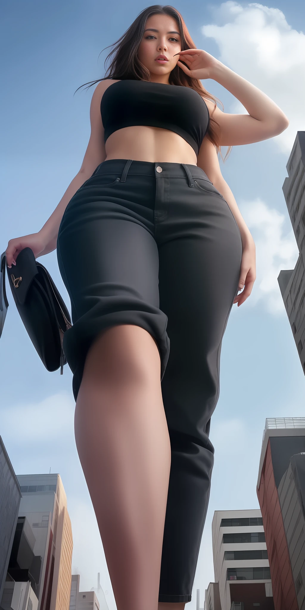 "A towering Giantess in a cool and laid-back hippie style is rocking a crop top and baggy pants. Her toned and athletic build hints at her massive strength. She seems to be casually strolling through the bustling cityscape of GTS City, as towering buildings loom overhead. Smoke and clouds roil around her, adding to the sense of epic scale and drama. The lighting is dark, gloomy, and realistic, creating a tense and ominous atmosphere. The perspective is from below, emphasizing the sheer majesty and power of the Giantess."