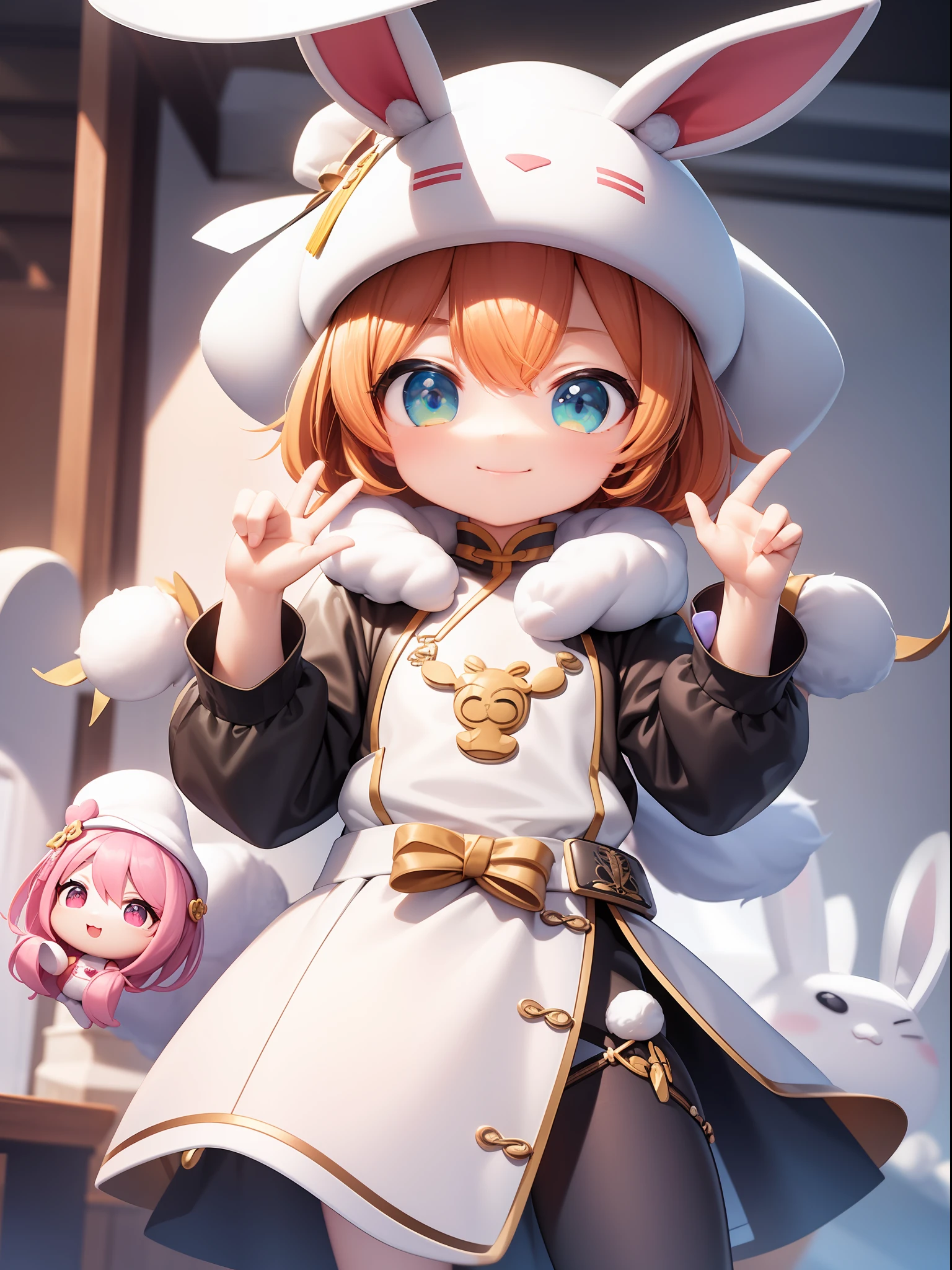 PopMart blind box IP, Chinese zodiac, super cute boy wearing rabbit shaped hat, technological elements, fashionable clothes, streamlined 3D/C4D production: 8K HD picture quality/lighting/ultra-fine lens depiction 1.5, flawless, chibi background/cinematic sense.