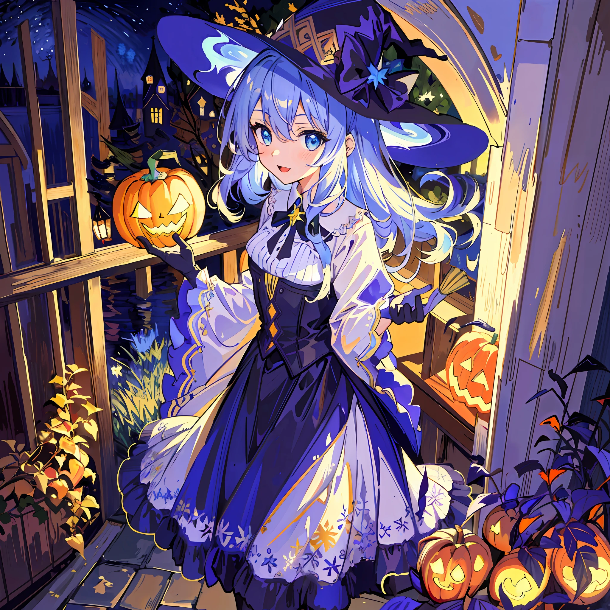 ((masterpiece:1.2, best quality)), 1girl, solo, (witch hat), a close up of a girl with curly hair, dress, aurora, night, star (sky), gloves, sky, dress, night sky, open mouth, starry sky, light blue eyes, ribbons, smile, cape, colorful hair, magic, casting spell, night, (impressionism:1.4), alphonse mucha, Halloween colors, colorful candy, magical lights, pumpkins, candies