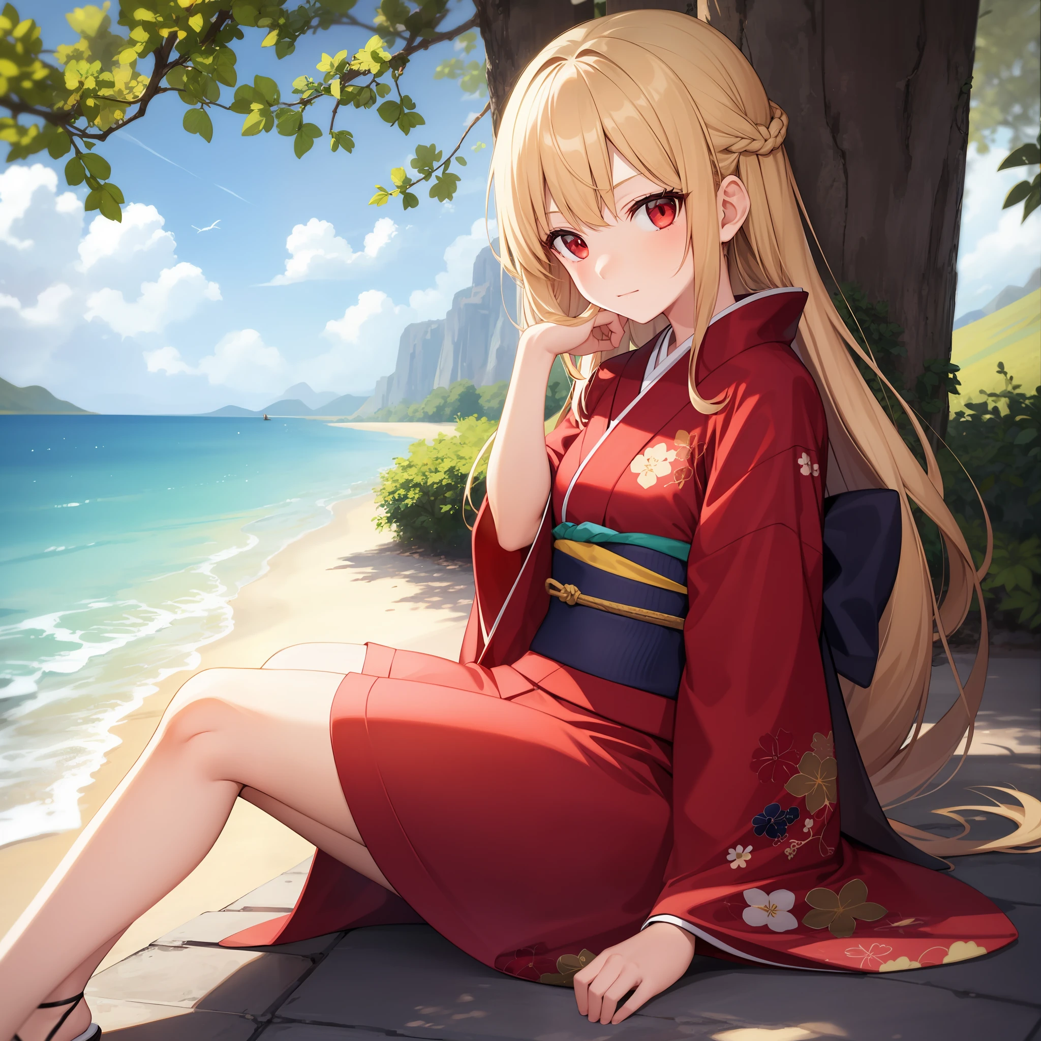 blonde, red eyes, girl, alone, solo, 1girl! Red kimono, sitting