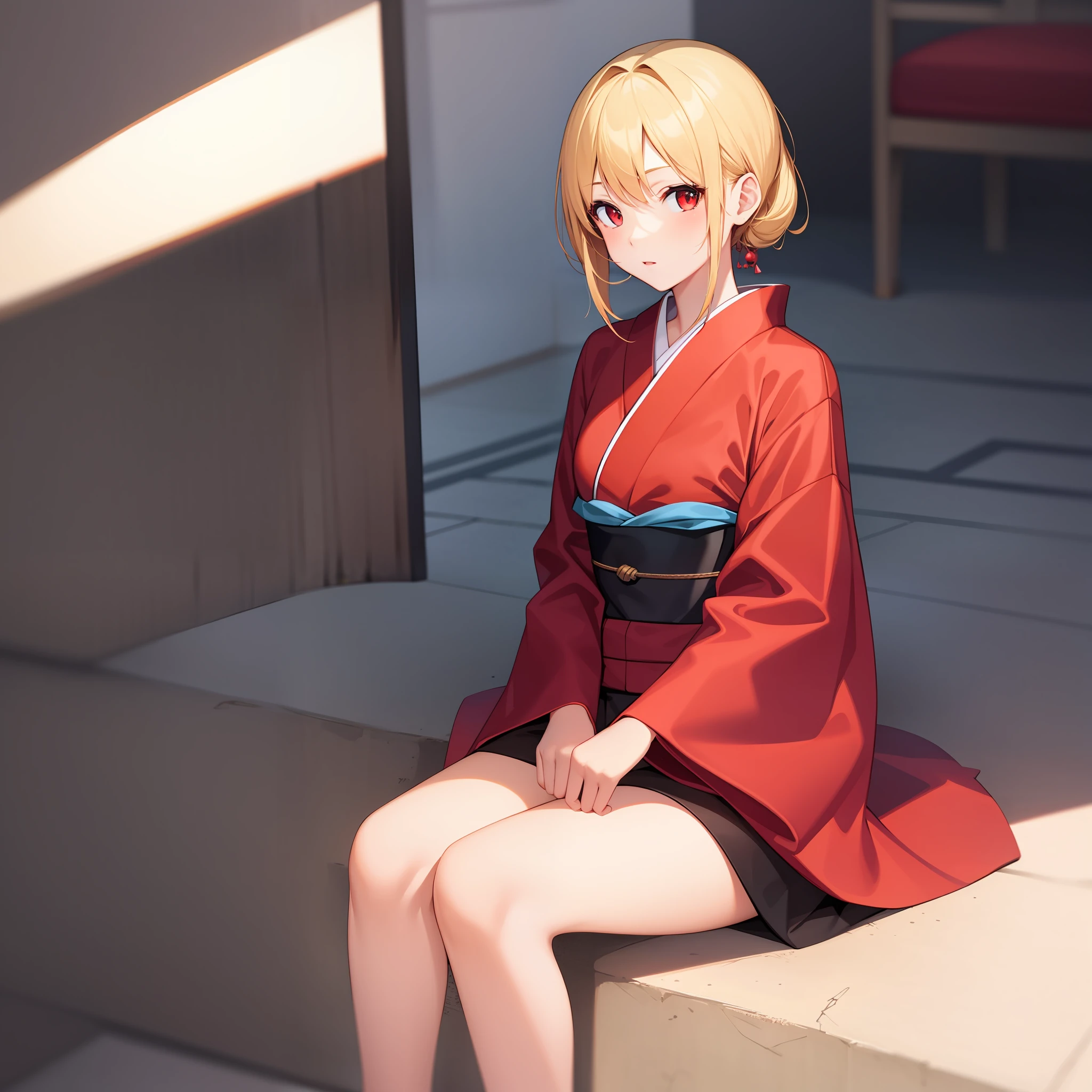 blonde, red eyes, girl, alone, solo, 1girl! Red kimono, sitting