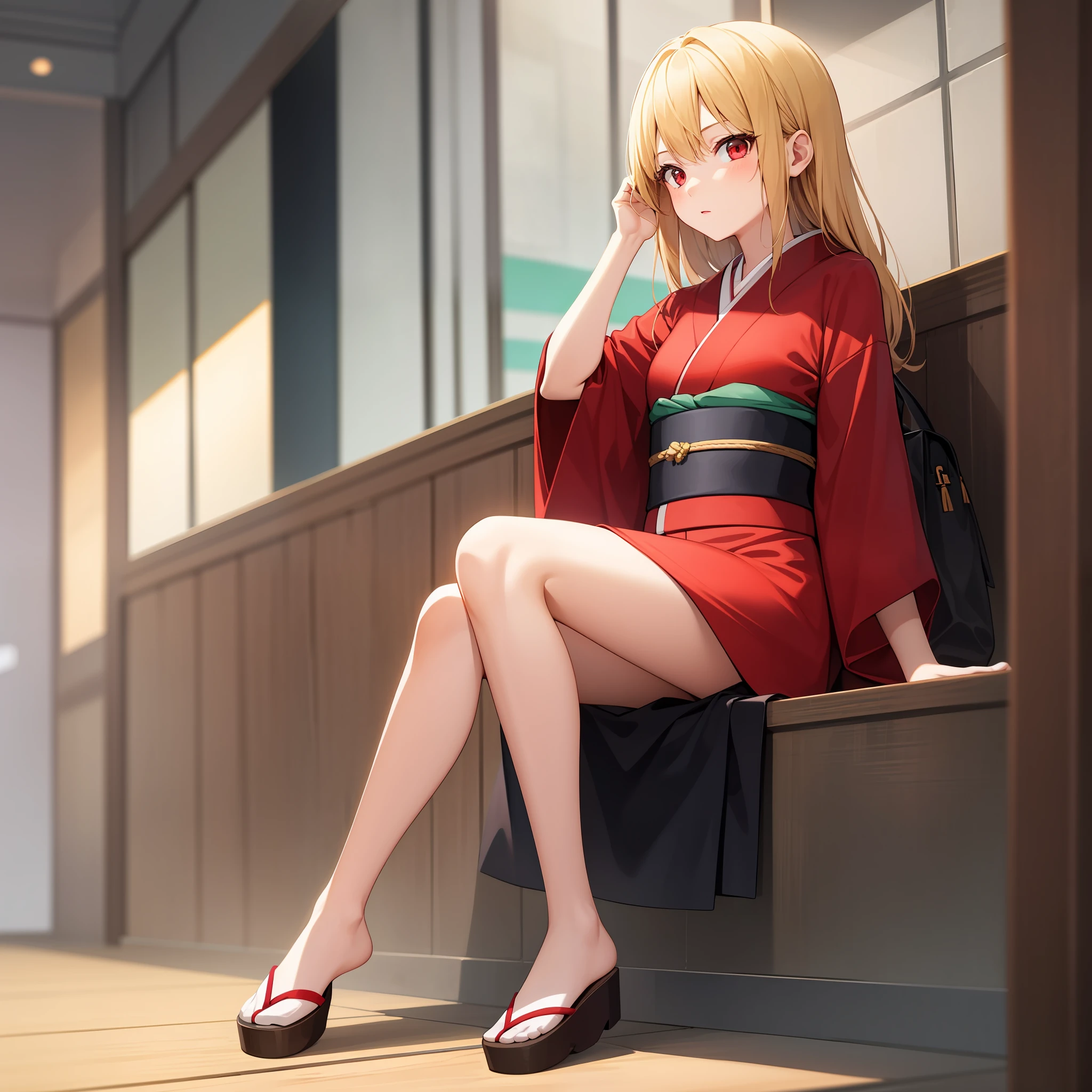 blonde, red eyes, girl, alone, solo, 1girl! Red kimono, sitting