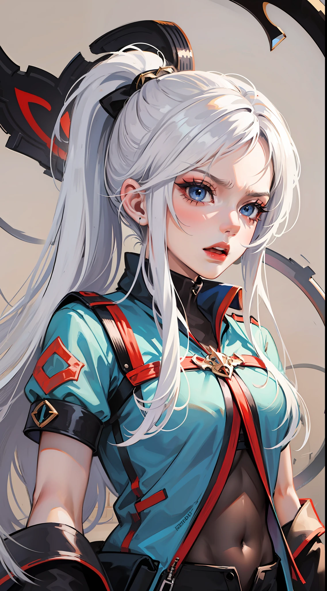 Adult girl, long white hair, high ponytail, blue eyes, angry, dove general's clothes, black trousers, spear, masterpiece, high quality