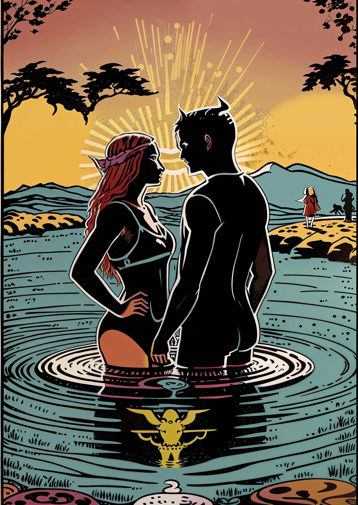 Make a tarot card style picture, the content is a couple, and then to reflect their two faces, standing on a waterhole, the shadow under the couple is a demon, want the waterhole above is ordinary humans, the reflection of the water is a demon, the male has warm colors, the women use cool colors, and then the colors are not too much