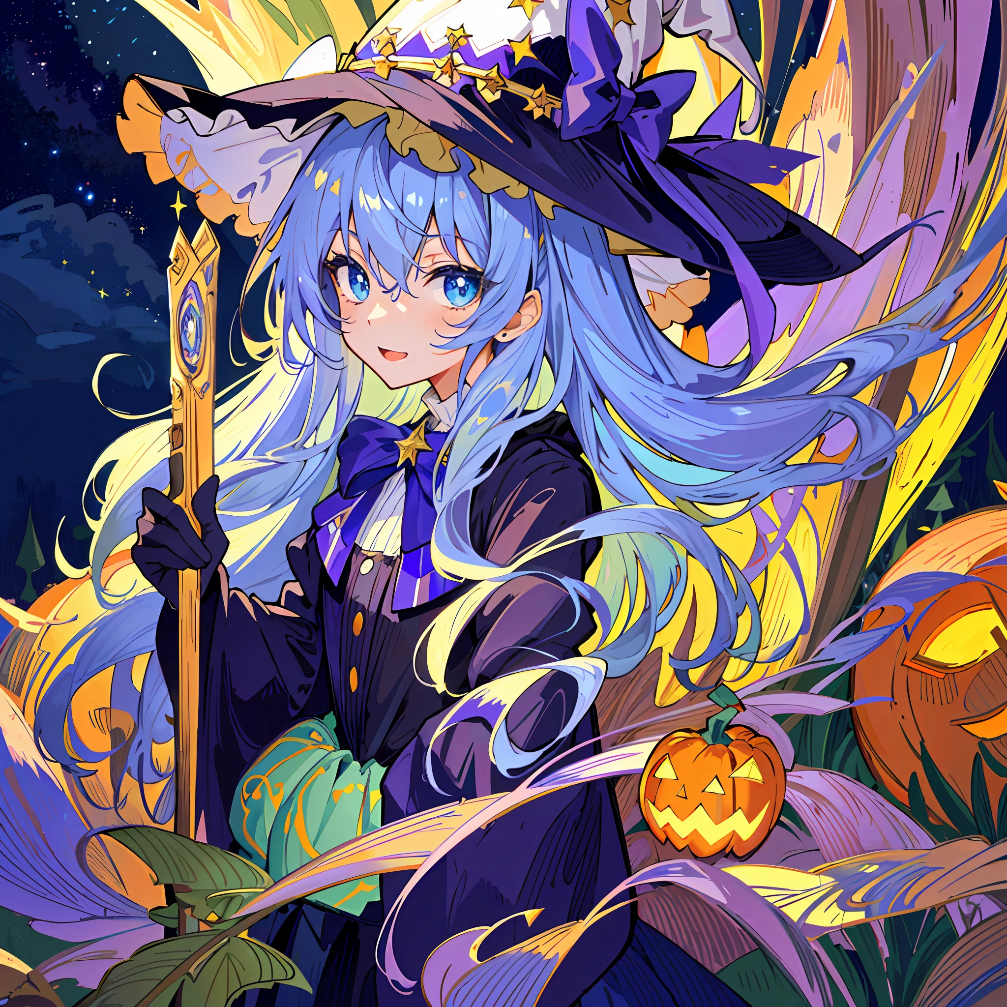 ((masterpiece:1.2, best quality)), 1girl, solo, (witch hat), a close up of a girl with curly hair, dress, aurora, night, star (sky), gloves, sky, dress, night sky, open mouth, starry sky, light blue eyes, ribbons, smile, cape, colorful hair, magic, casting spell, night, (impressionism:1.4), alphonse mucha, Halloween colors, colorful candy, magical lights, pumpkins, candies