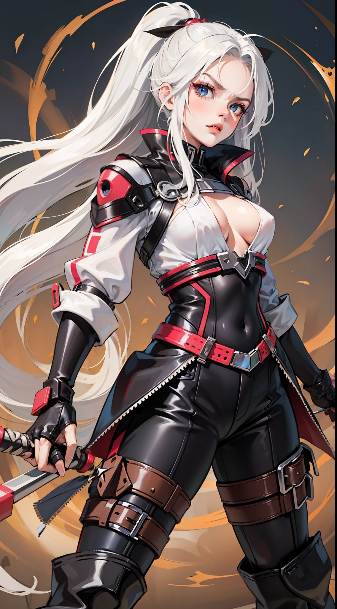 Adult girl, long white hair, high ponytail, blue eyes, angry, dove general's clothes, black trousers, spear, masterpiece, high quality