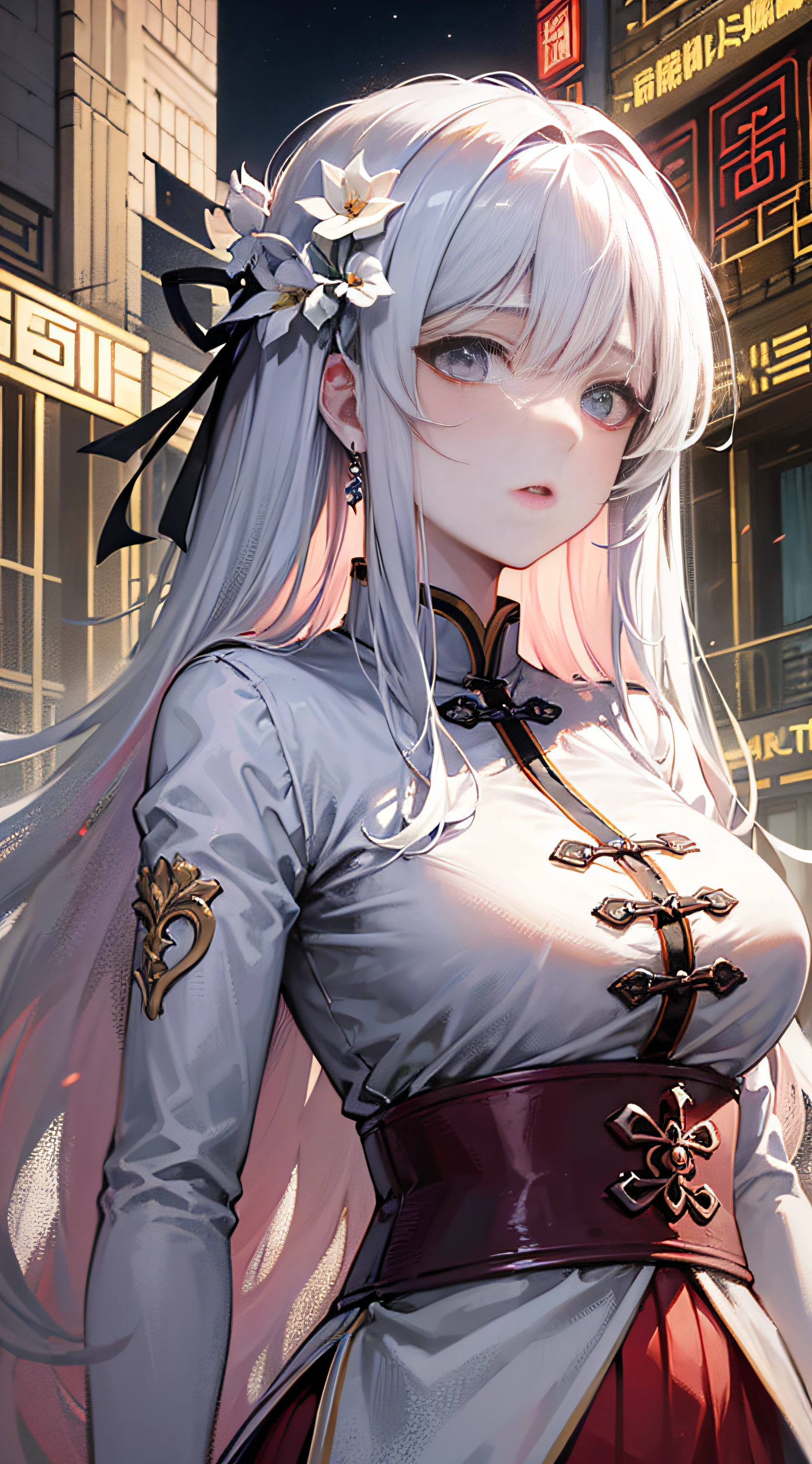Masterpiece, Best, Night, Full Moon, 1 Female, Mature Woman, Chinese Style, Ancient China, Elder Sister, Royal Sister, Cold Face, Expressionless, Silver White Long Haired Woman, Pale Pink Lips, Calm, Intellectual, Three Belts, Gray Hitomi, assassin, dagger, flower ball background, street view