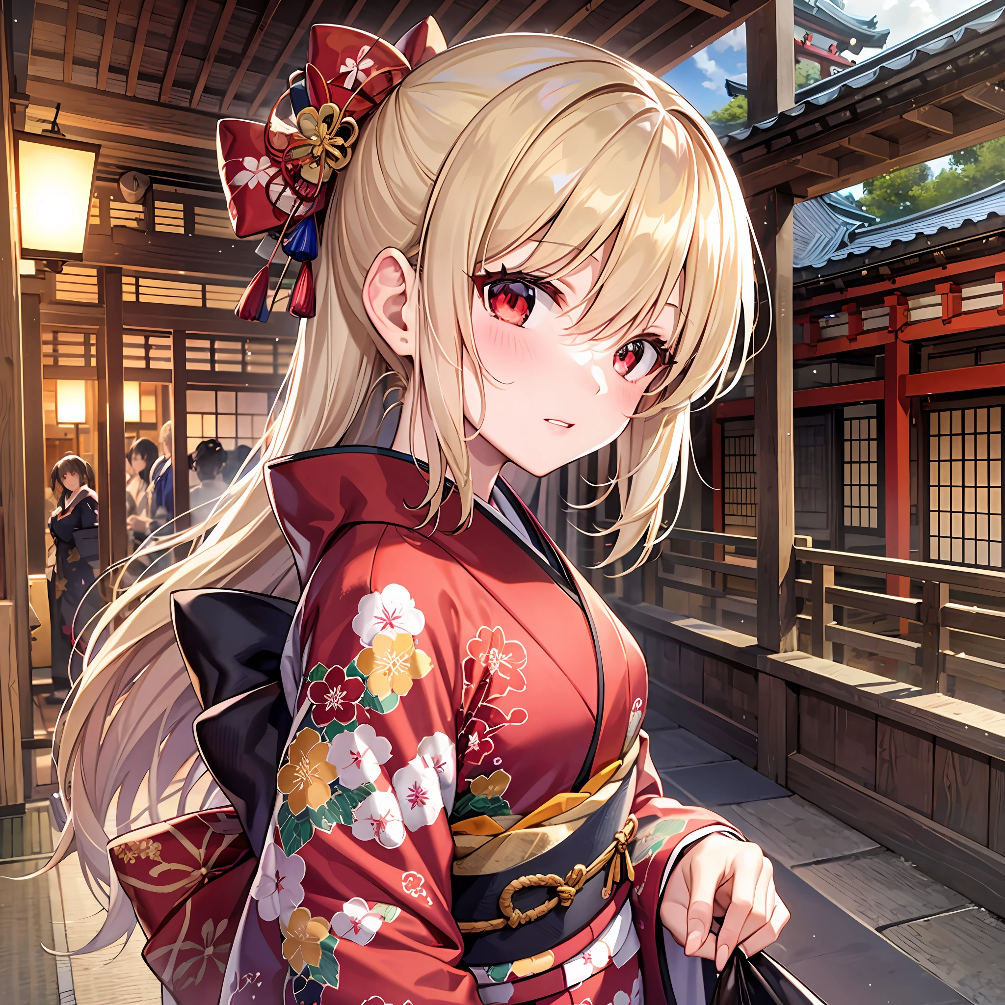 One blonde girl, red eyes, kimono, Kyoto