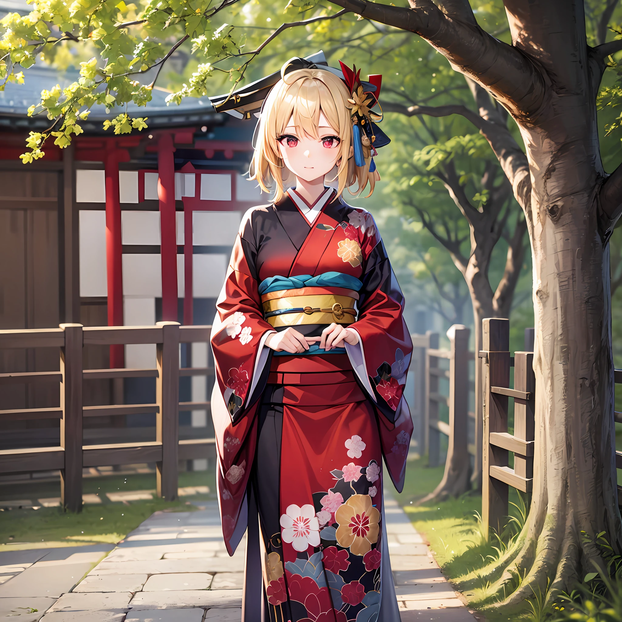 One blonde girl, red eyes, kimono, Kyoto