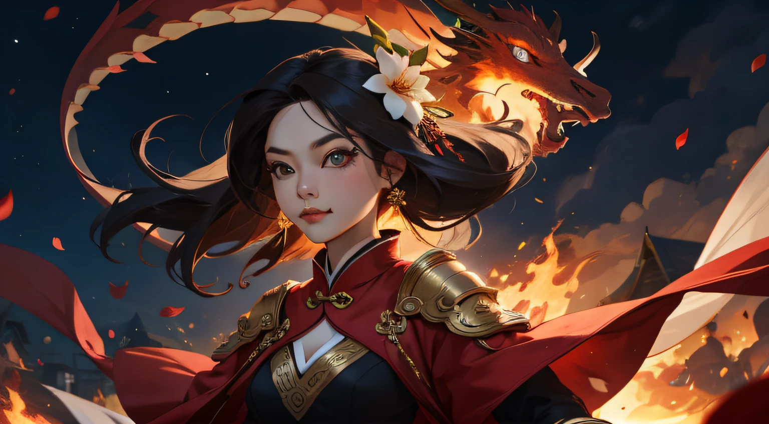 1girl, liuyun, fire ball, long hair, floating hair, hair flower, eastern dragon, red and white, upper body, looking at viewer,