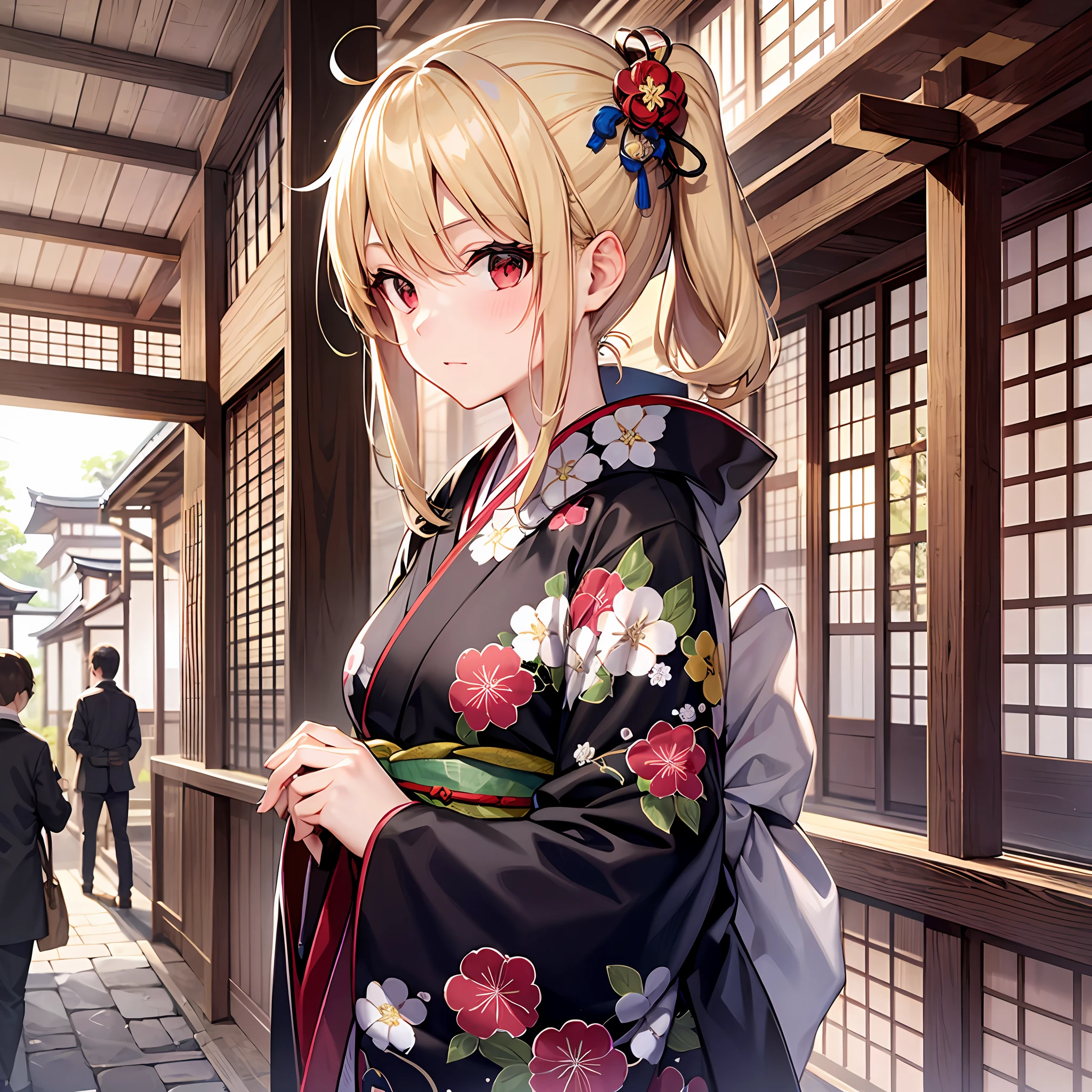 One blonde girl, red eyes, kimono, Kyoto