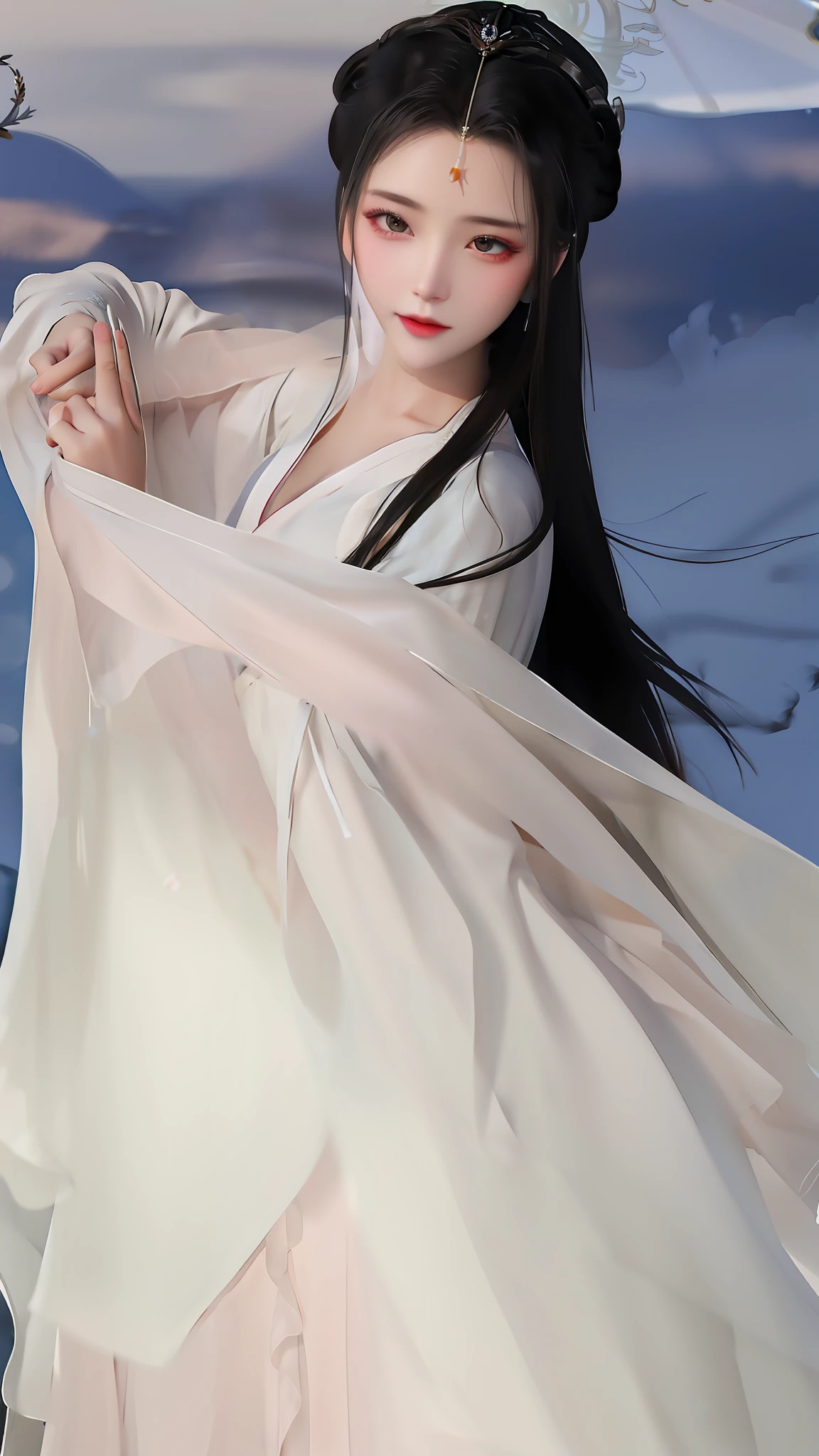 arafed woman in a white dress holding a white umbrella, white hanfu, flowing white robes, pale snow white skin, a beautiful woman in white, ((a beautiful fantasy empress)), palace ， a girl in hanfu, long flowing white robe, very long white cloak, ethereal beauty, flowing hair and long robes, a beautiful fantasy empress, beautiful and graceful