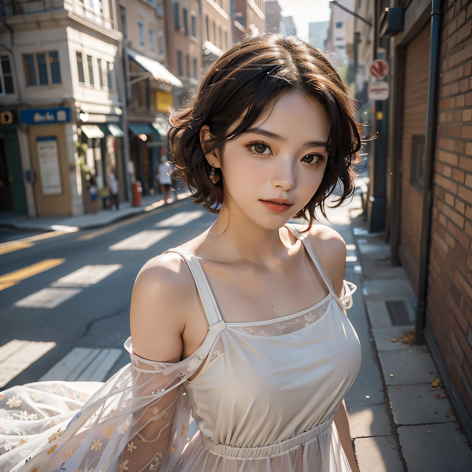 Masterpiece, best quality, (1 person: 1.3), 25 years old, short hair, colored tips, curly hair, colored glasses, earrings, gun, tie, photograph, corset, mafia style, handcuffs, wrap jacket, street, from above, (Dutch angle, fisheye), lens flare, depth of field --auto