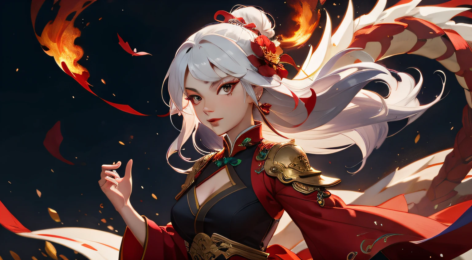 1girl, liuyun, fire ball, long hair, floating hair, hair flower, eastern dragon, red and white, upper body, looking at viewer,