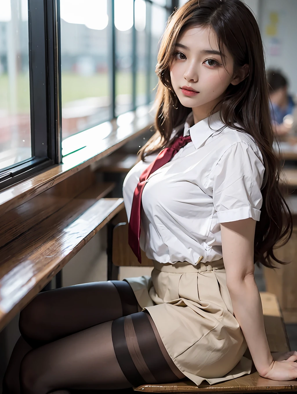 masterpiece, Best quality, Ultra detail, Illustration, Colorful, FAQ Color, Depth of Field, Lens Glow, 1girl, Japan beauty, Japan uniform style, Sexy style, Seated, Brunette hair, Watch the audience, School, Classroom, Pleated miniskirt, Uniform, Serafuk, Delicate skin texture, Fine fabric texture, Beautiful and meticulous face,