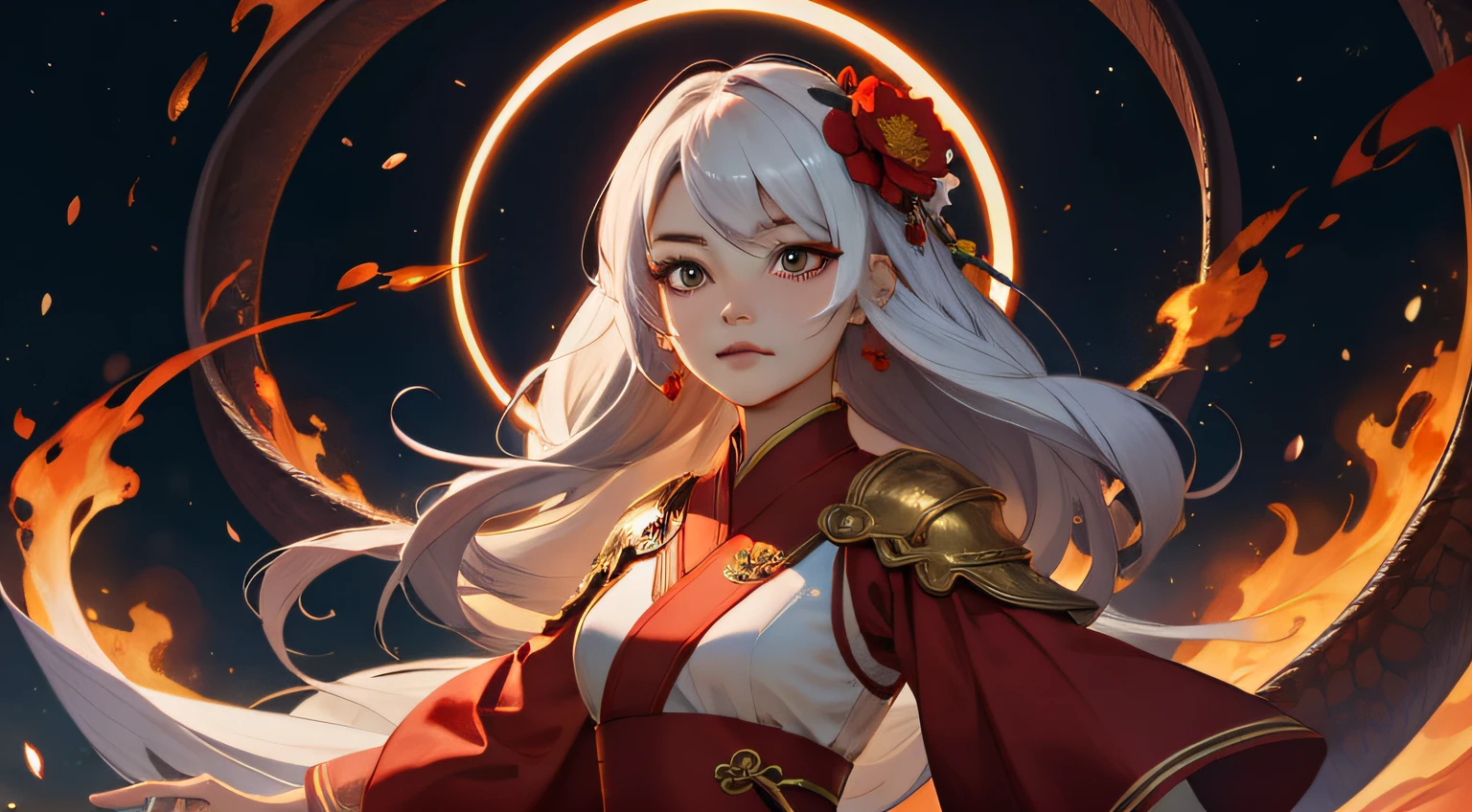 1girl, liuyun, fire ball, long hair, floating hair, hair flower, eastern dragon, red and white, upper body, looking at viewer,