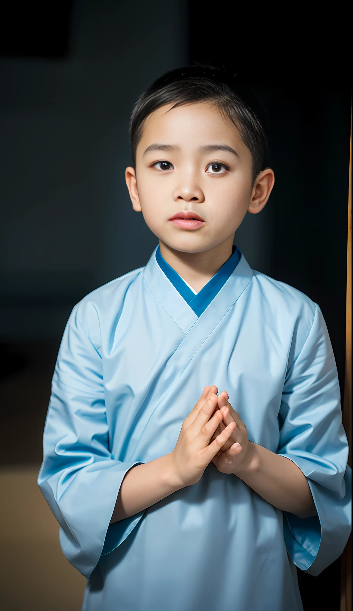 (Best quality, high resolution, masterpiece: 1.3), a handsome , monk, light blue monk's dress, rosary, no hair, beautifully presented details in the texture of the face and skin, detailed eyes, double eyelids, two palms tightly together, hands folded, hands folded in prayer