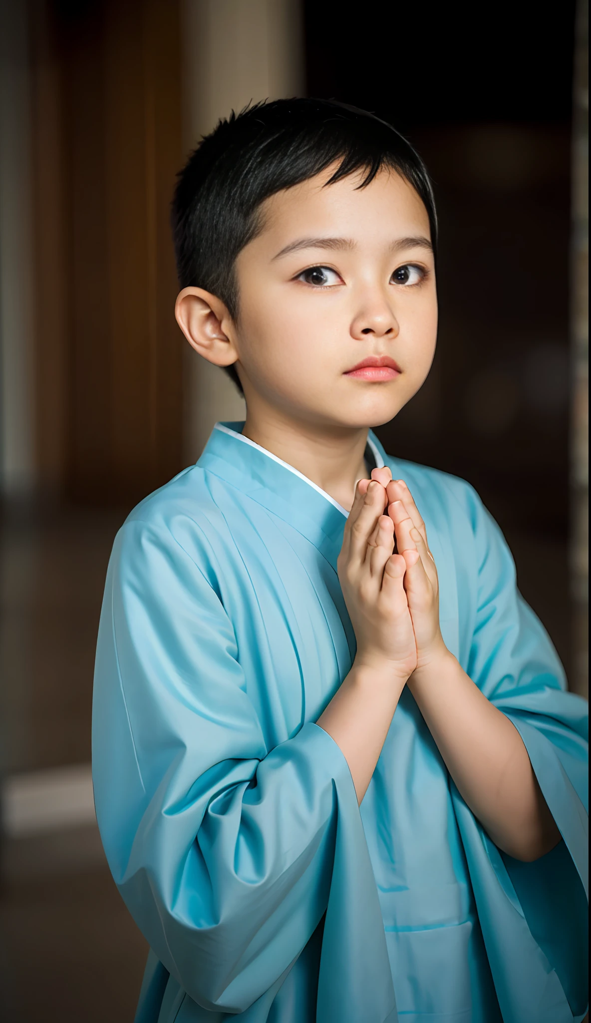 (Best quality, high resolution, masterpiece: 1.3), a handsome  boy, monk, light blue monk's dress, rosary, no hair, beautifully presented details in the texture of the face and skin, detailed eyes, double eyelids, two palms tightly together, hands folded, hands folded in prayer