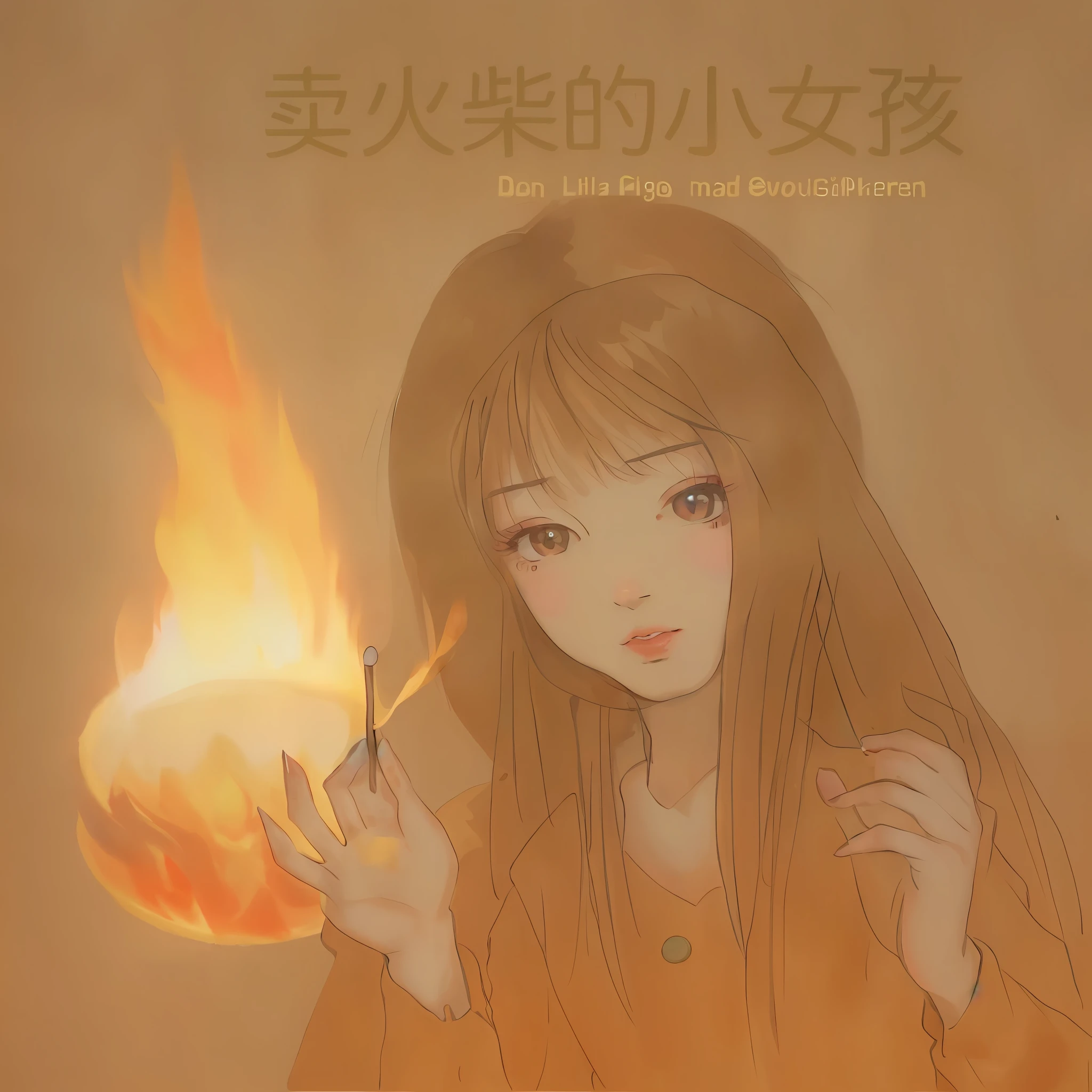 A little girl selling matches holds a match with a fire on it