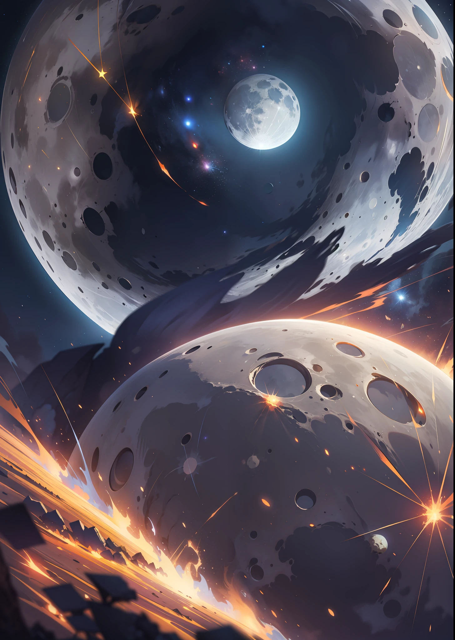 pureerosface_v1, best quality, realistic, 8k, high resolution, moon destroyed, particle light effect, explosion, looking up at the moon from the earth, giant fear whole