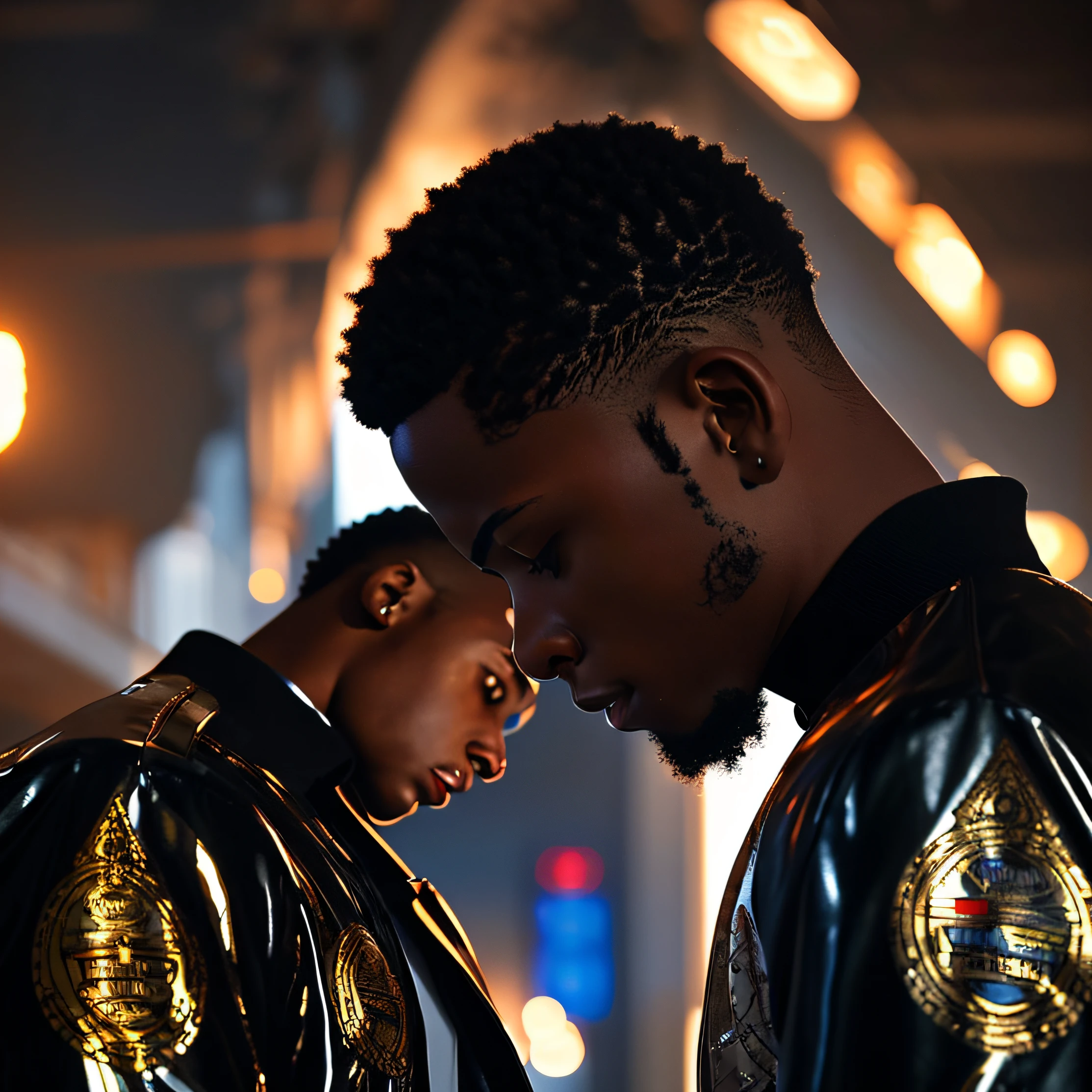 Make a realistic illustration of an 18-year-old black boy with short hair wearing a thoughtful profile metallic jacket --auto