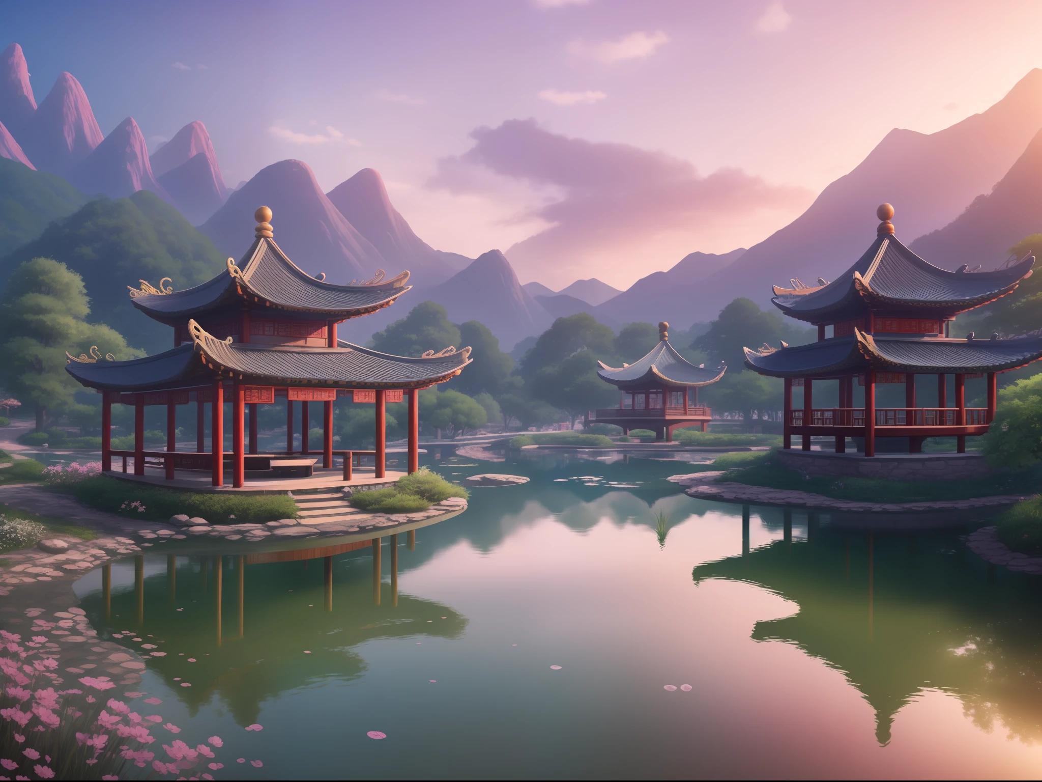 backround, CG, wuxiaworld, chinese old buliding, pond, waterfall come from the mountain top, panorama, ray tracing, reflection light, polar opposites, 8K, masterpiece, best quality, high quality, high details, super detail, highres, UHD
