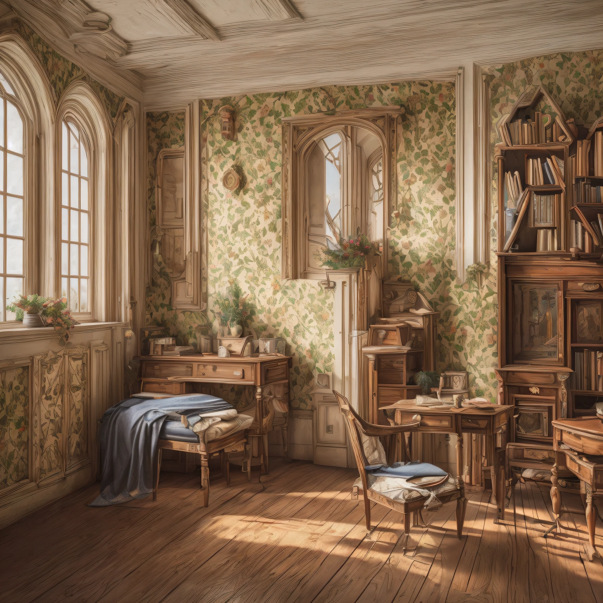 ((Realistic lighting, superlative, 8k, masterpiece: 1.3)), 1690s art, 1600s house, classic fairy tales, medieval witch's house bedroom, complicated room, witch hunt era, classic house scenery, film photography, Kodak, film grain, film photography, concept photography, actual, realistic, zoom undo