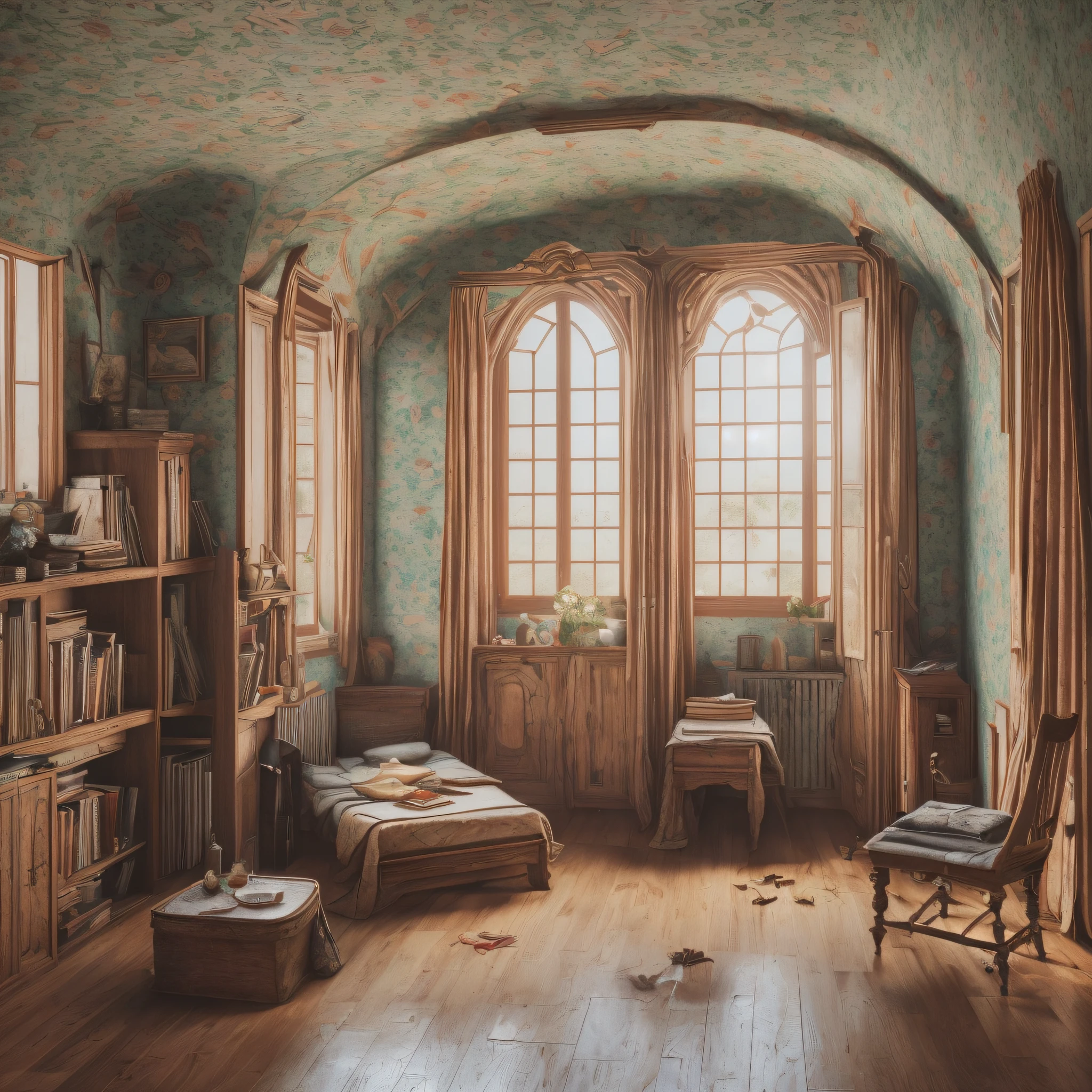 ((Realistic lighting, superlative, 8k, masterpiece: 1.3)), 1690s art, 1600s house, classic fairy tales, medieval witch's house bedroom, complicated room, witch hunt era, classic house scenery, film photography, Kodak, film grain, film photography, concept photography, actual, realistic, zoom undo