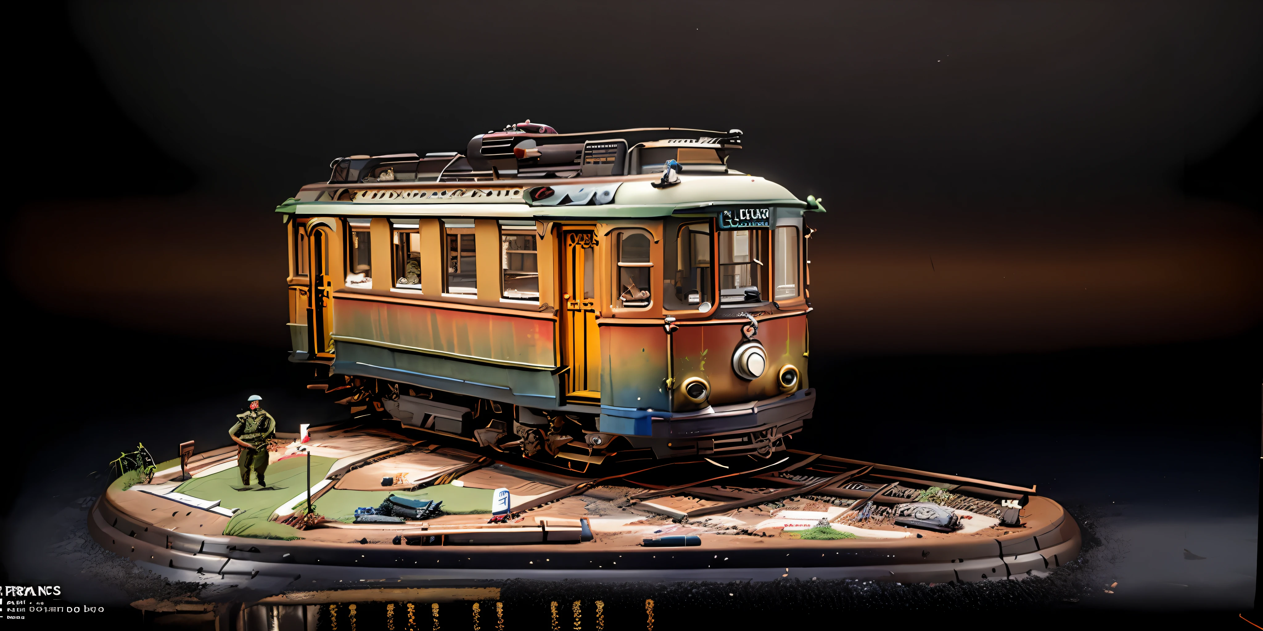 Master works, ultra-fine, realistic details, figurines, miniatures, trams scrapped in the last days, rust on the body, peeling and lacquering, oil stains and other traces of erosion, surrounded by weeds, ray tracing, water on both sides of the track