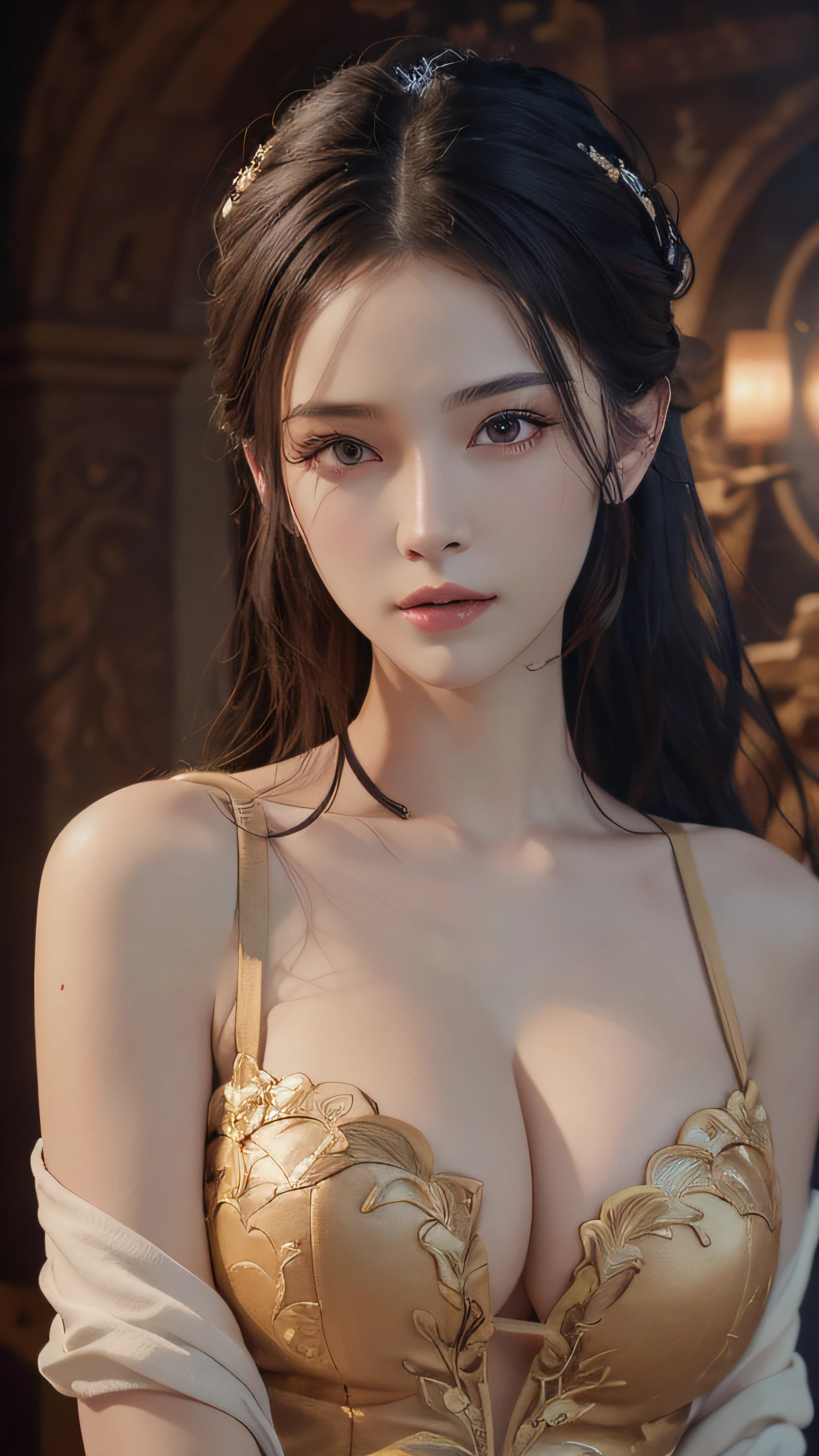 (RAW photo, highest quality), (realistic, photorealistic: 1.3), highest quality, high definition, masterpiece, super detail, illustration, 1 girl, (cleavage), dynamic angle, world mastery theater, messy_long_hair, best quality, highly detailed CG Unity 8k wall, ink, amazing, cinematic lighting