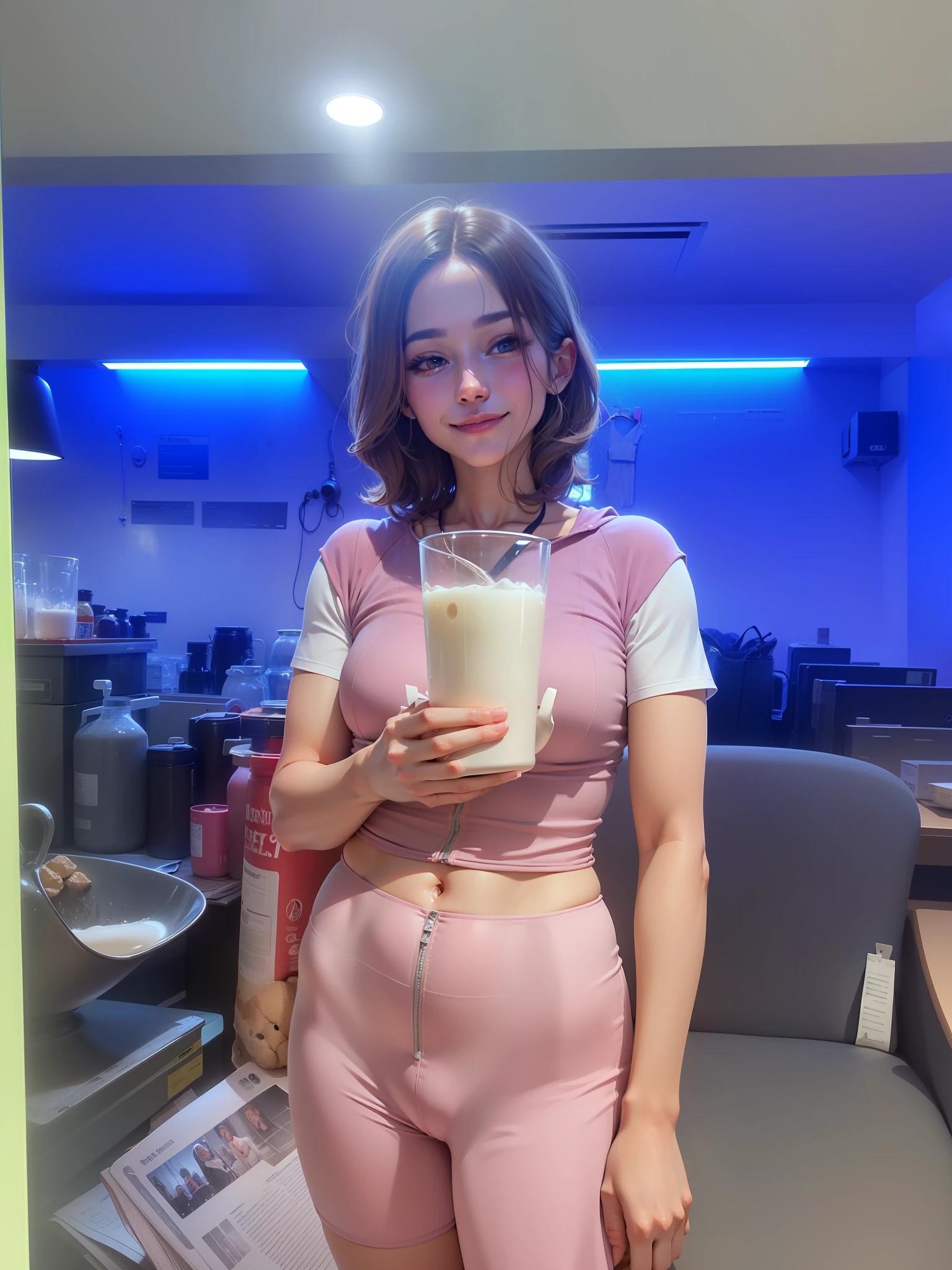 Soft light, sweet smile,six pack, original suit,a cup of milk in hand,32k,HDR, Closeup detail view