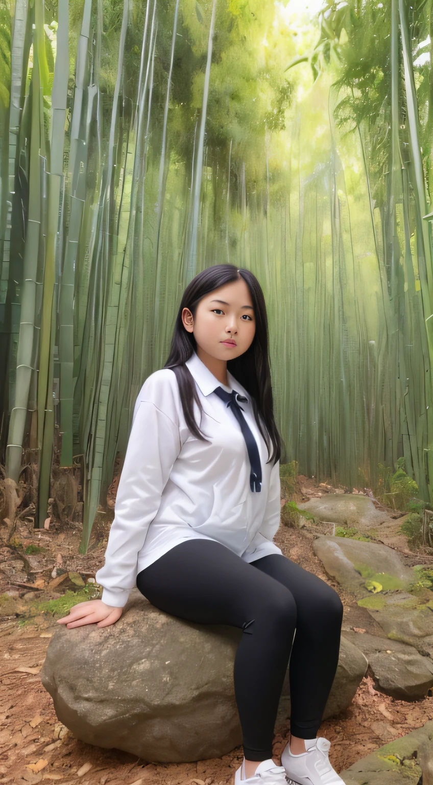 A girl wearing a soaked school uniform with black leggings (leggings are dry) sneakers sits on a large rock inside a bamboo forest