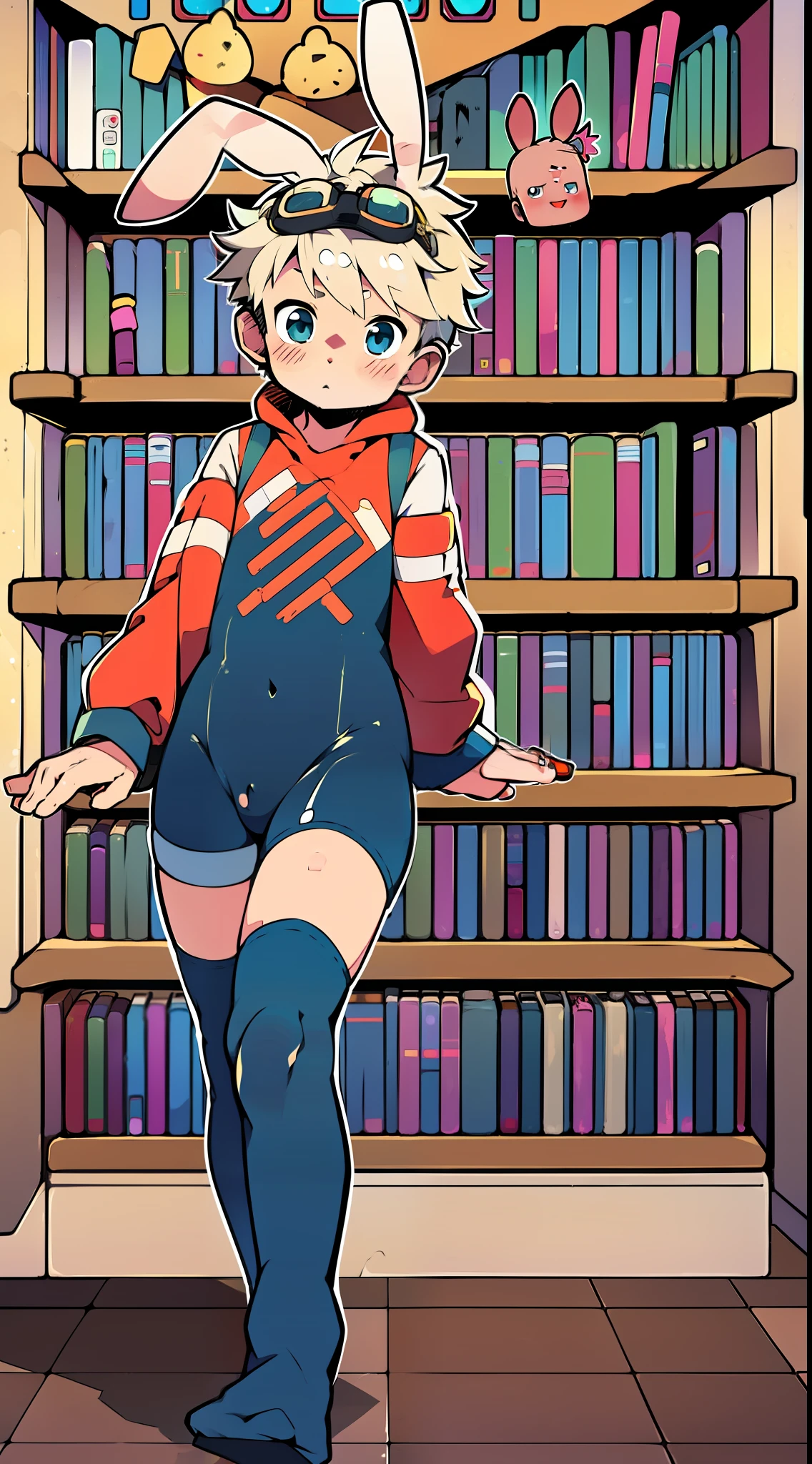 Two-dimensional cartoon boy Shota Shota, (one-piece house clothes: 10), full-body photo, goggles, cute, leg rings, white over-the-knee socks, rabbit ears, beige hair, slightly red face, library, flip books