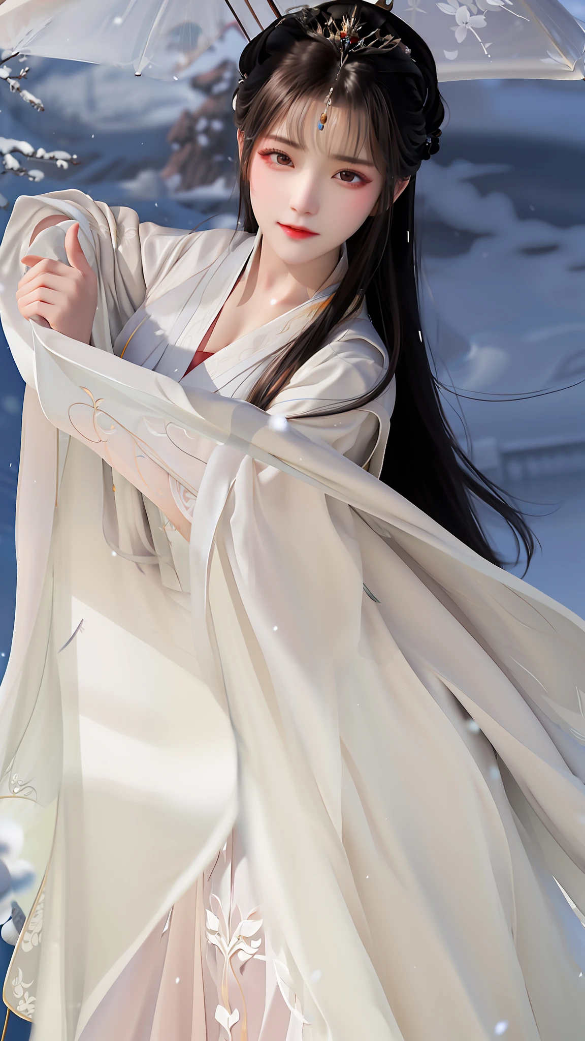 arafed woman in a white dress holding a white umbrella, white hanfu, flowing white robes, pale snow white skin, a beautiful woman in white, ((a beautiful fantasy empress)), palace ， a girl in hanfu, long flowing white robe, very long white cloak, ethereal beauty, flowing hair and long robes, a beautiful fantasy empress, beautiful and graceful