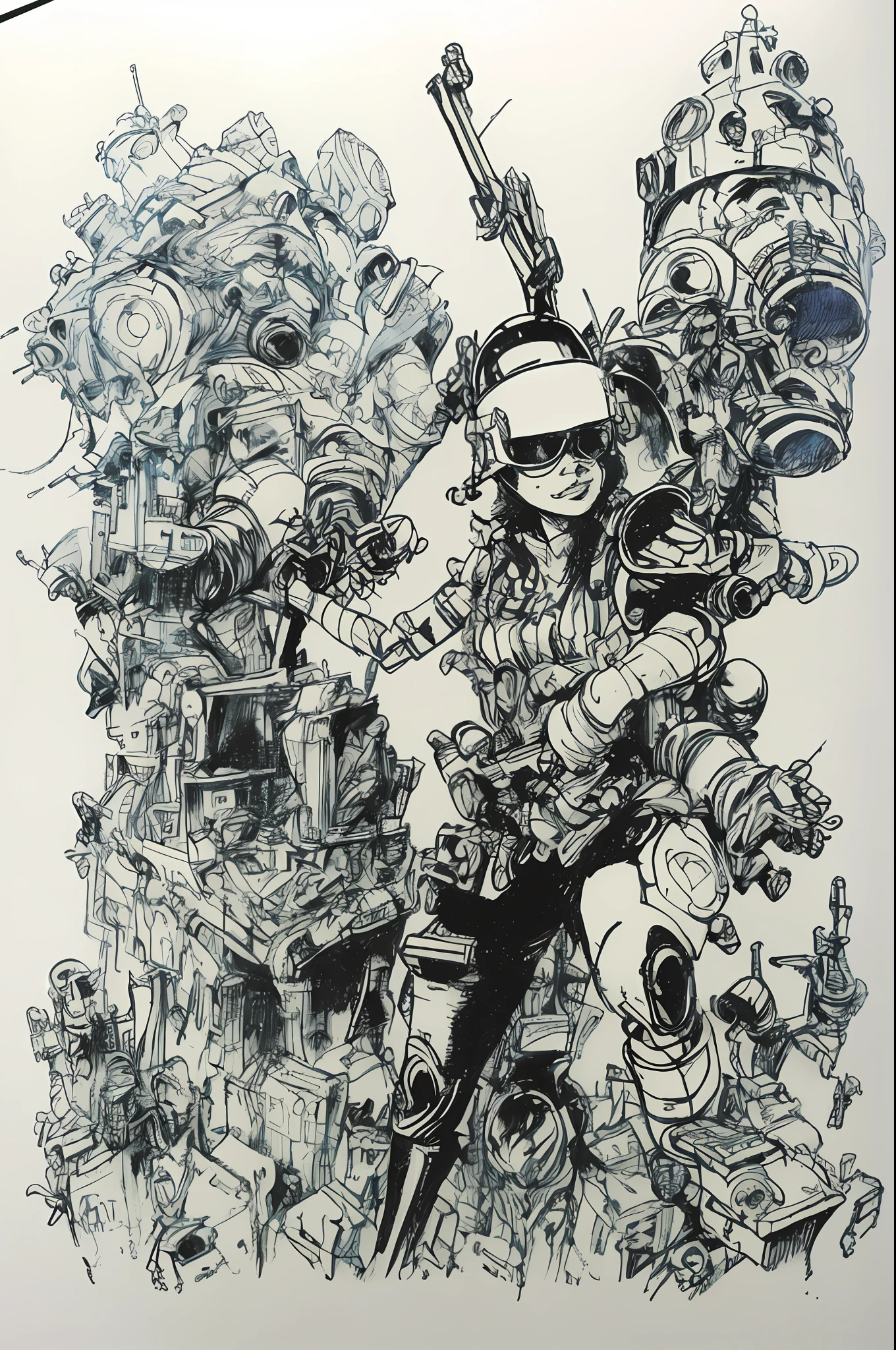 a single sketch of a woman with guns and a helmet on her head and a gun in her hand, mech behind her, underground comix, kimjunggi style
