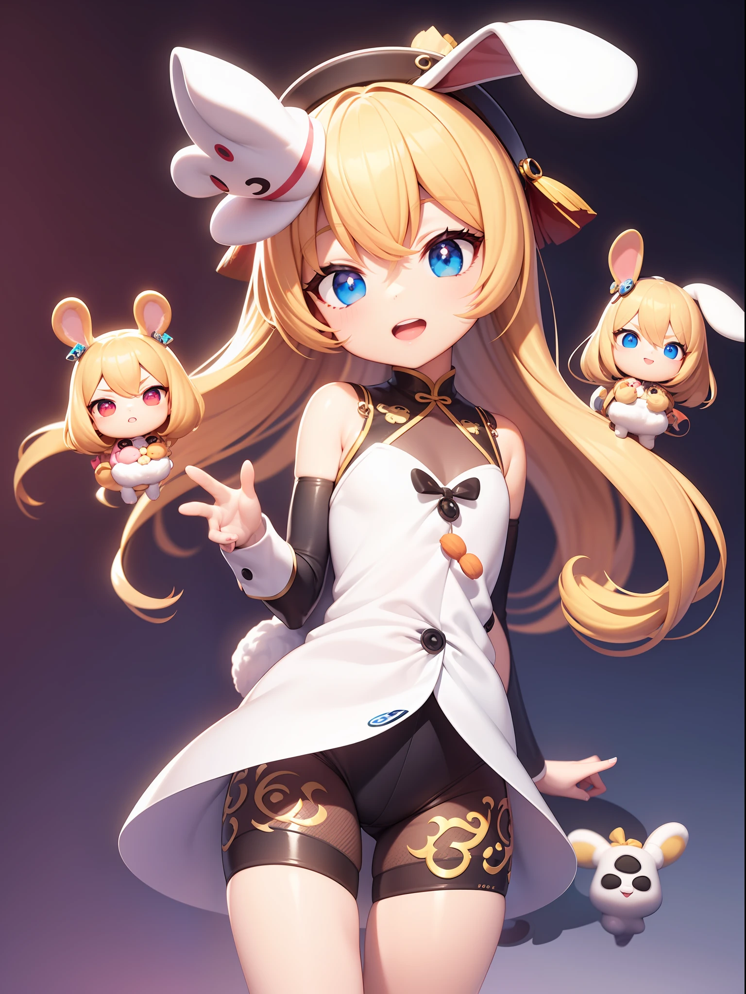 PopMart blind box IP, Chinese zodiac, super cute boy wearing rabbit shaped hat, technological elements, fashionable clothes, streamlined 3D/C4D production: 8K HD picture quality/lighting/ultra-fine lens depiction 1.5, flawless, chibi background/cinematic sense.