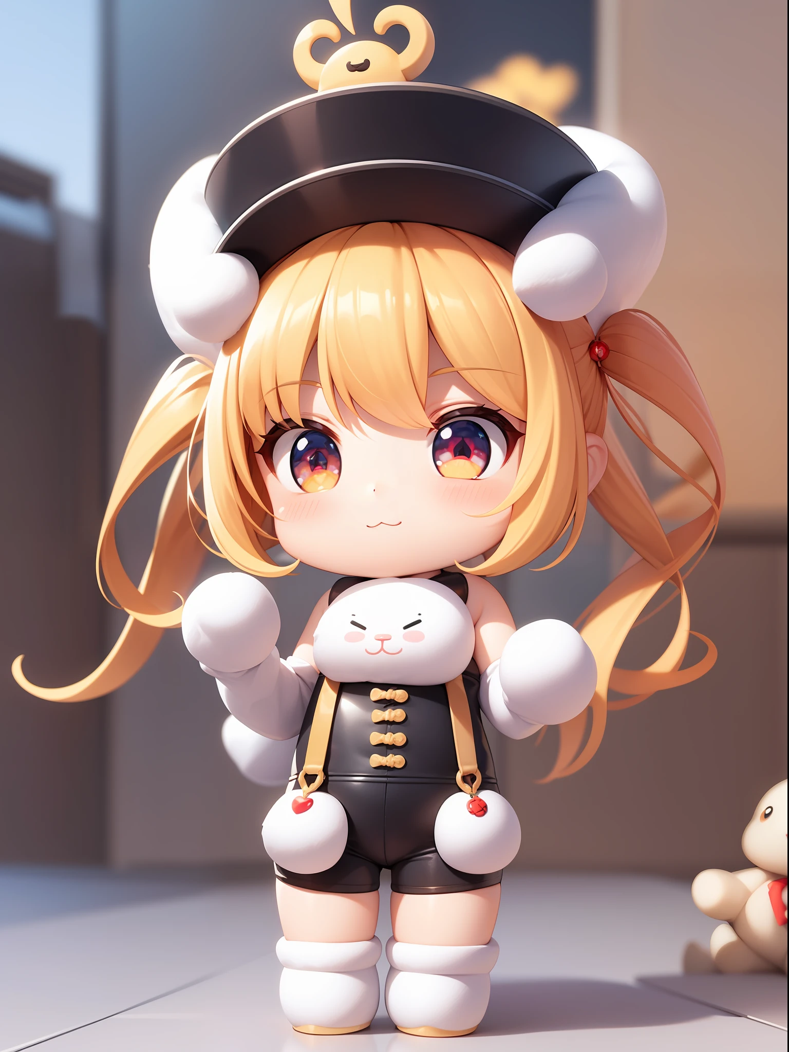 PopMart blind box IP, Chinese zodiac, super cute boy wearing rabbit shaped hat, technological elements, fashionable clothes, streamlined 3D/C4D production: 8K HD picture quality/lighting/ultra-fine lens depiction 1.5, flawless, chibi background/cinematic sense.