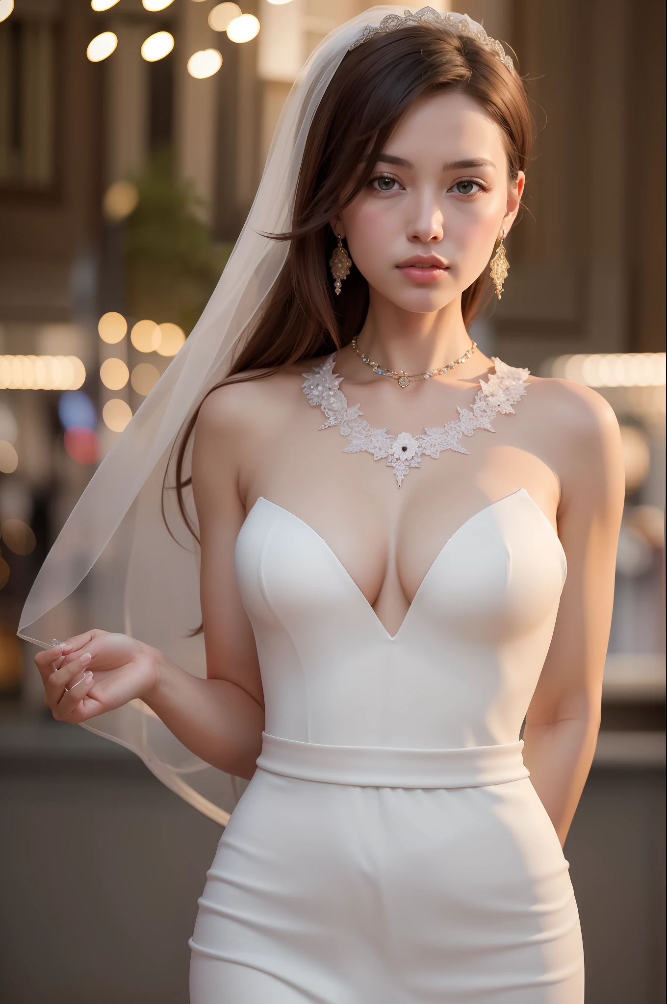 Turbulent posture, (very delicate and beautiful work), (masterpiece), 1girl, girl in a white wedding dress with transparent skin, veil, lace, high definition, ridiculous, charming expression, beautiful clear eyes, brown eyes, delicate necklace, delicate earrings, simple background blur, ultra-fine depiction, beautiful, attractive, ultra-fine picture, delicate face, delicate figure, thin collarbone, lovely lips, beauty big, Soft Back, Mix4, (8k, RAW Photos, Best Quality), Masterpiece: 1.2), (Realistic, Photorealistic: 1.37), One Girl, Cute, Cityscape, Night, Professional Lighting, Photon Mapping, Radiosity, Physically Based Rendering,