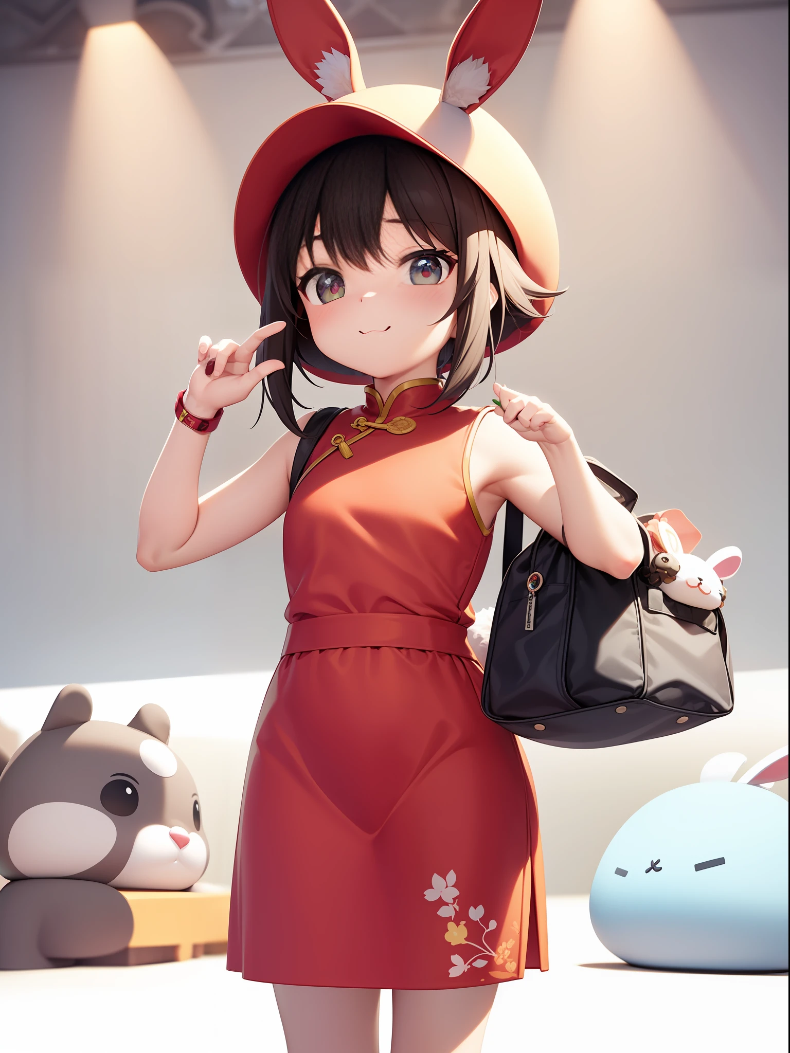 PopMart blind box IP, Chinese zodiac, super cute boy wearing rabbit shaped hat, technological elements, fashionable clothes, streamlined 3D/C4D production: 8K HD picture quality/lighting/ultra-fine lens depiction 1.5, flawless, chibi background/cinematic sense.