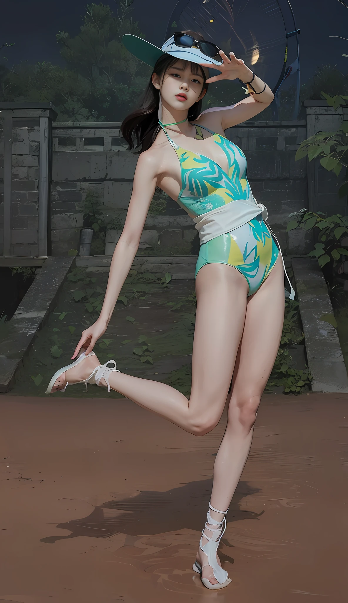 there is a woman in a swimsuit and hat holding a tennis racket, closed swimsuit, is wearing a swimsuit, asuka as a surfer model, elegant floating pose, lacivious pose, inspired by Sim Sa-jeong, full body xianxia, in retro swimsuit, psychedelic swimsuit, stylish pose, spellcasting pose, sparky swimsuit, swimsuit, elegant pose, green swimsuit