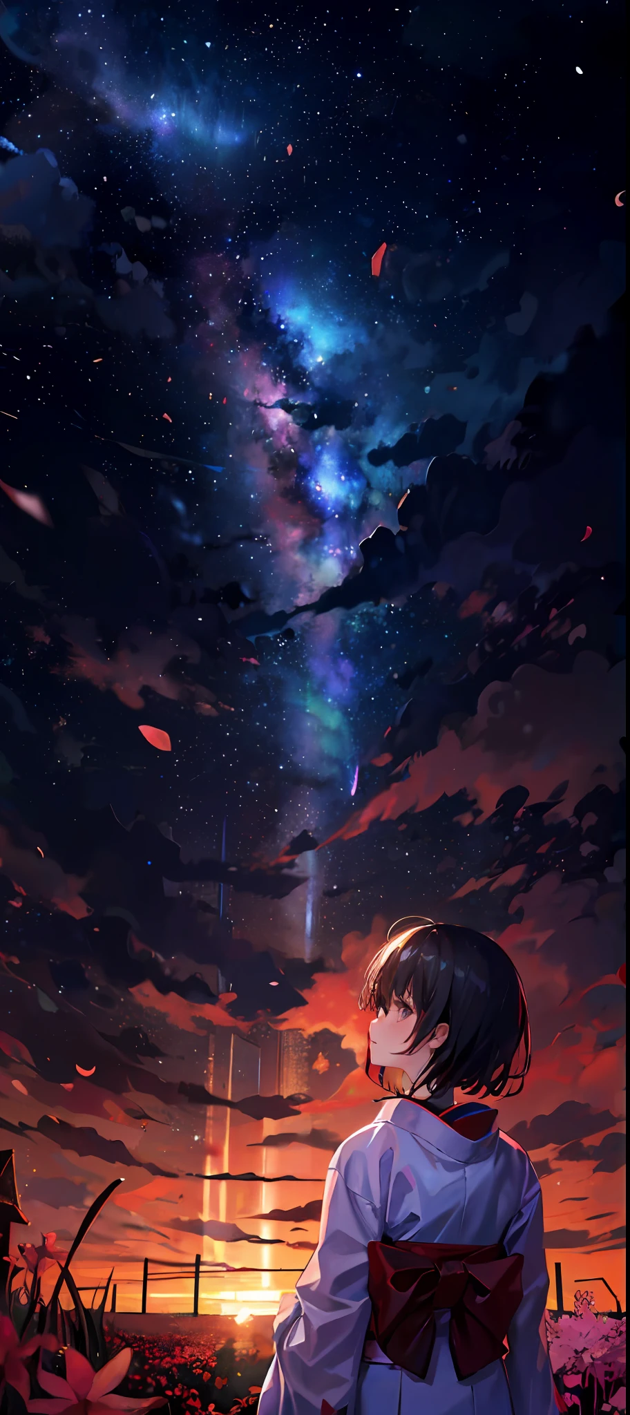 1girl, a distant girl kiss girl in a kimono gazing at the stars, (zoomed: 1.1), (meteor shower: 1.2), (comet: 1.1), your name, low angle, from behind, Northern Lights, meteors, yukata, red kimono, cherry blossoms, standing in the field, best quality, masterpiece, clouds, colorful, starry, stars,