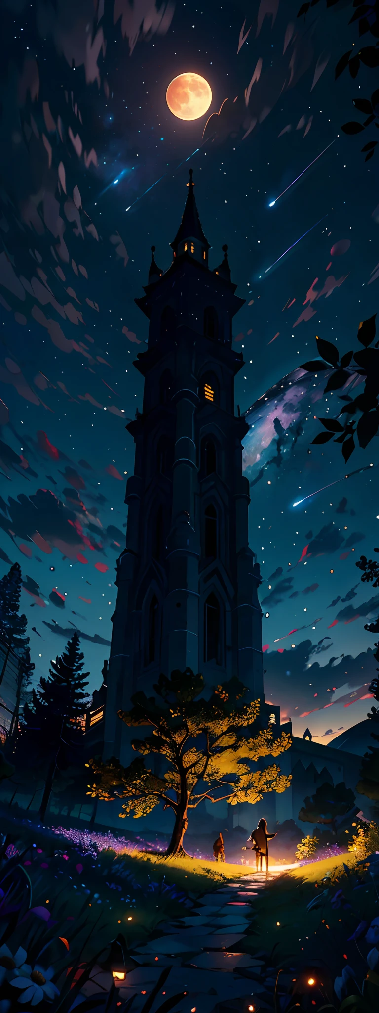 Expansive landscape photograph, (view from below with a view of the sky and the wilderness below), standing in a flower field looking up, (full moon: 1.2), (shooting star: 0.9), (nebula: 1.3), distant mountain, tree break production art, (warm light source: 1.2), (firefly: 1.2), lamp, purple and orange, intricate detail, volume lighting BREAK (masterpiece: 1.2), (highest quality ), 4k, ultra-detailed, (dynamic configuration: 1.4), highly detailed and colorful details (iridescent: 1.2), (sparkling lighting, atmospheric lighting), dreamy, magical, (solo: 1.2)