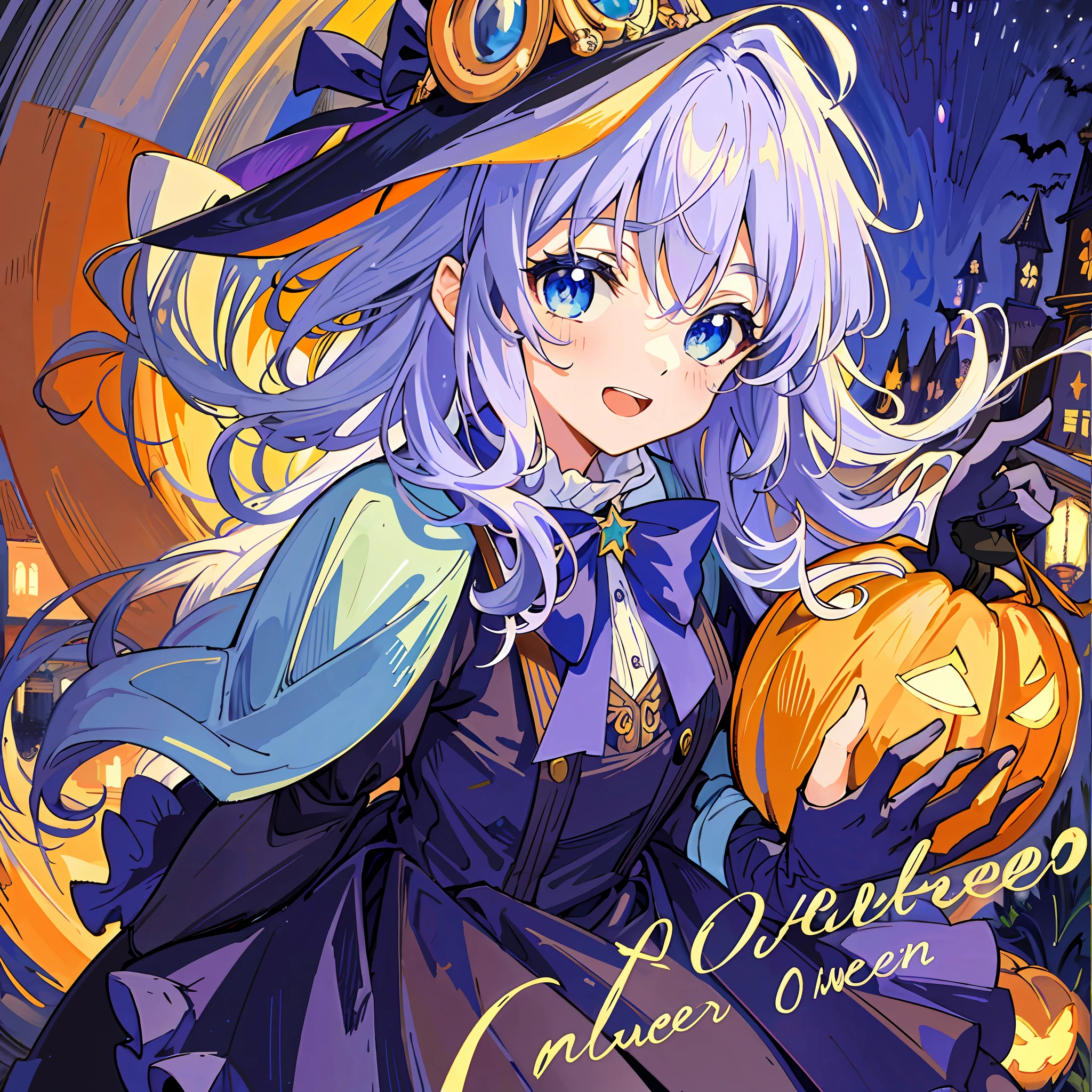 ((masterpiece:1.2, best quality)), 1girl, solo, (witch hat), a close up of a girl with curly hair, dress, aurora, night, star (sky), gloves, sky, dress, night sky, open mouth, starry sky, light blue eyes, ribbons, smile, cape, colorful hair, magic, casting spell, night, (impressionism:1.4), alphonse mucha, Halloween colors, colorful candy, magical lights, pumpkins, candies