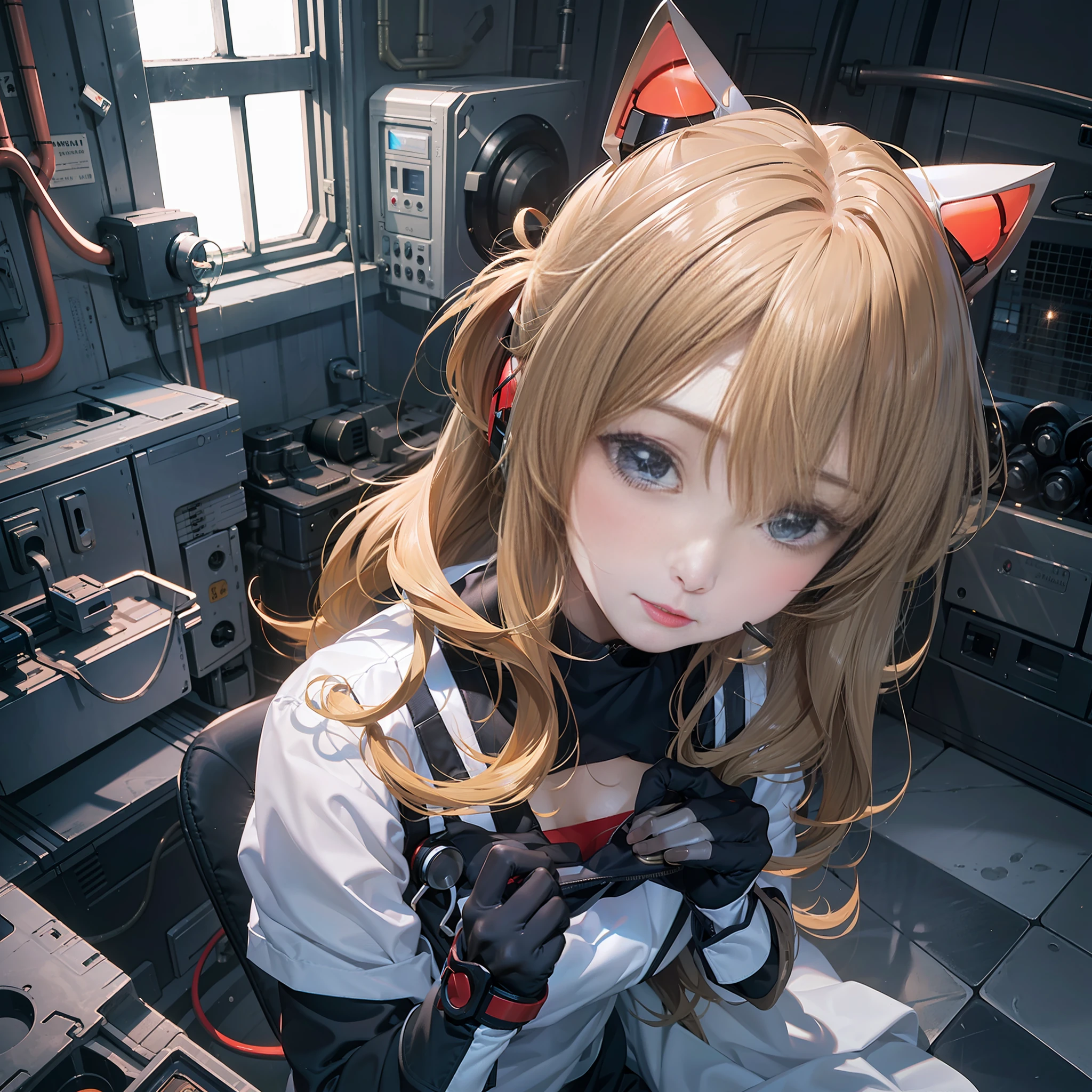 (Overhead view),dynamic angle,ultra-detailed, illustration, close-up, straight on, 1girl, 
 ((souryuu asuka langley, interface headset, red bodysuit:1.4, blonde)),Her eyes shone like dreamy stars,(glowing eyes:1.233),(beautiful and detailed eyes:1.1),(expressionless,closed mouth),(standing), 
(mechanic room with toolsand spaceship windowin a white SPACESHIP),
(night:1.2),dreamy, [[delicate fingers and hands:0.55]::0.85],(detail fingers),