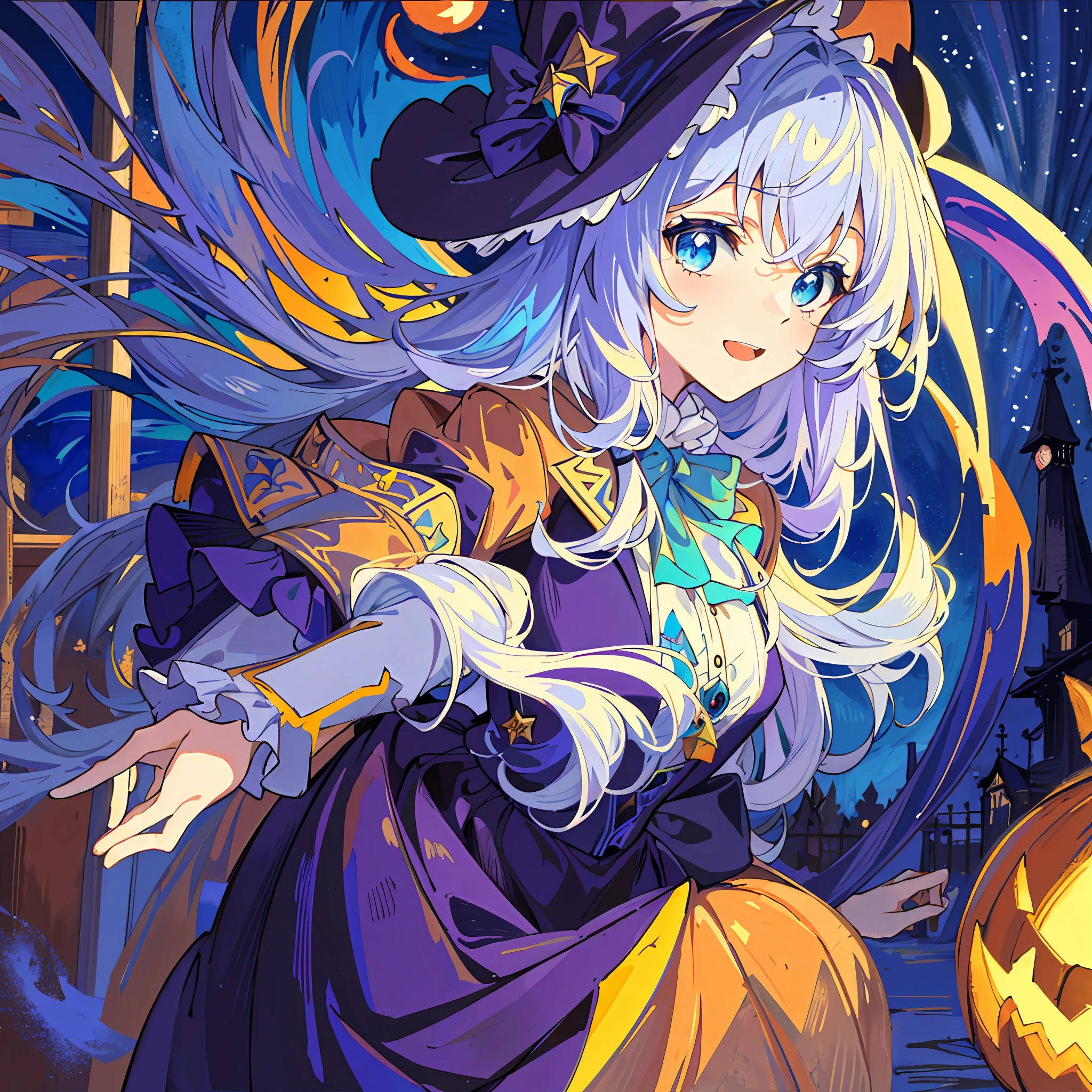 ((masterpiece:1.2, best quality)), 1girl, solo, (witch hat), a close up of a girl with curly hair, dress, aurora, night, star (sky), gloves, sky, dress, night sky, open mouth, starry sky, light blue eyes, ribbons, smile, cape, colorful hair, magic, casting spell, night, (impressionism:1.4), alphonse mucha, Halloween colors, colorful candy, magical lights, pumpkins, candies