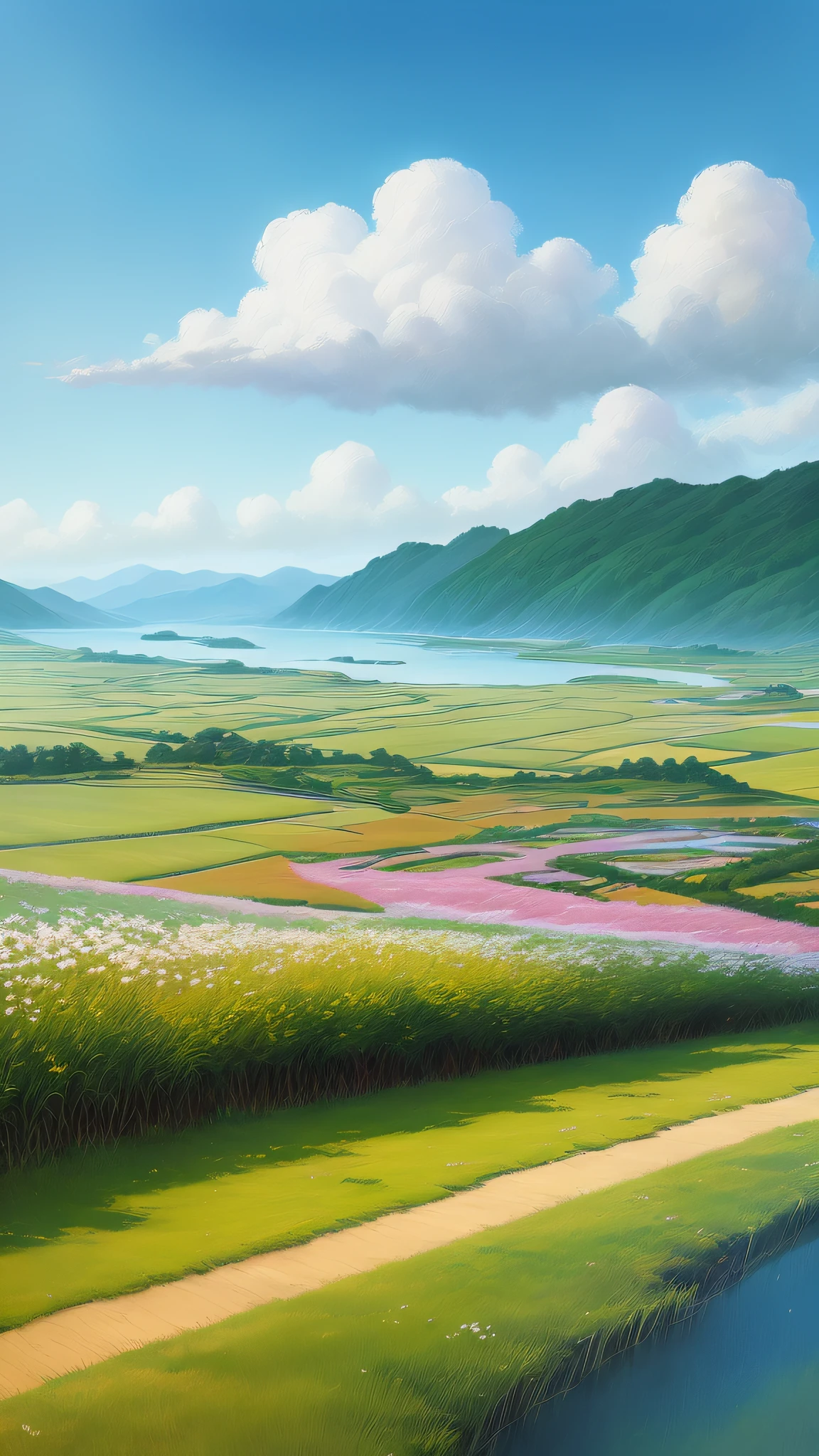 Realistic, authentic, beautiful and amazing landscape oil painting Studio Ghibli Hayao Miyazaki&#39;s petal grassland with blue sky and white clouds --v6
