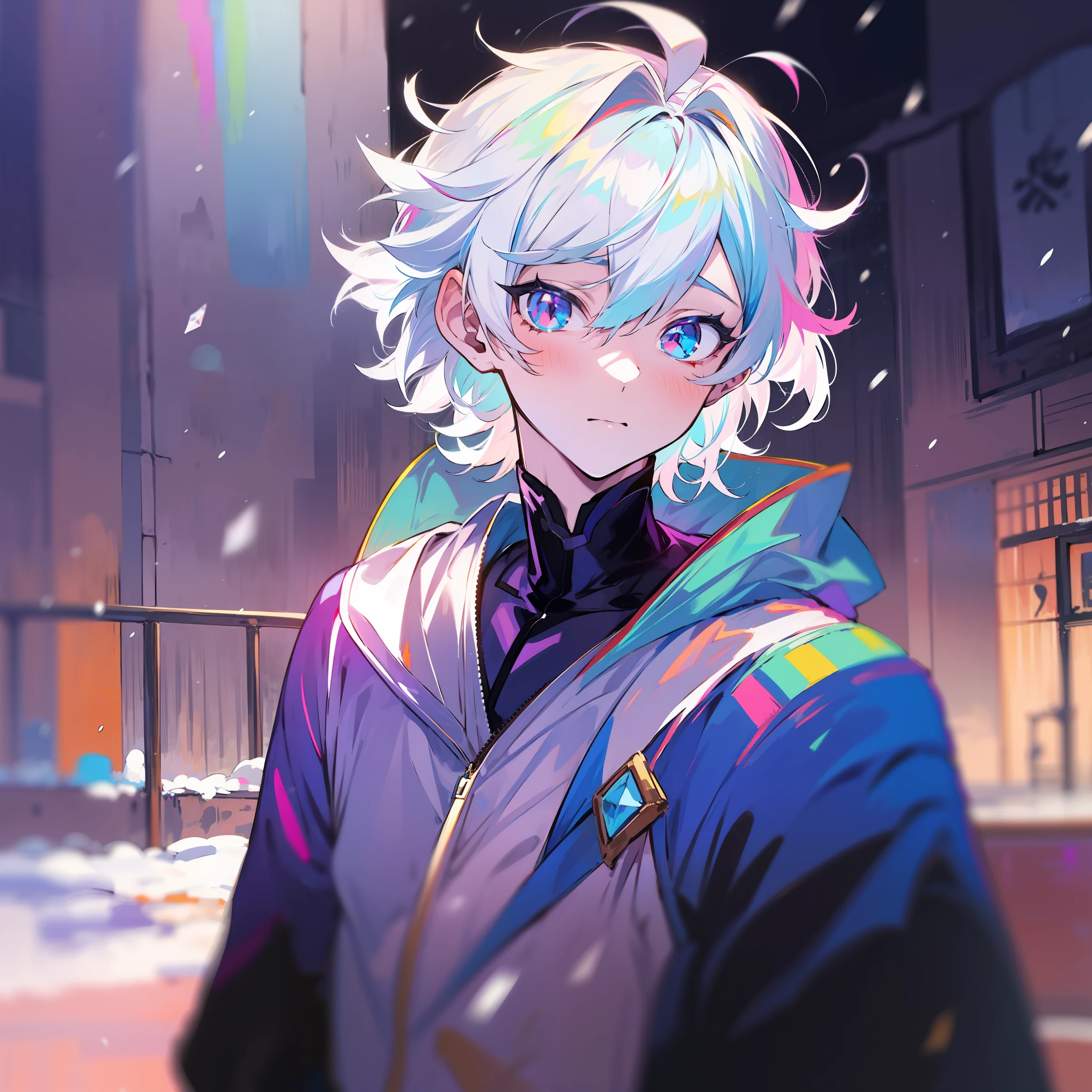 0.7>,anime boy,snow,(Male),jacket,diamond,multicolored hair, multicolored eyes