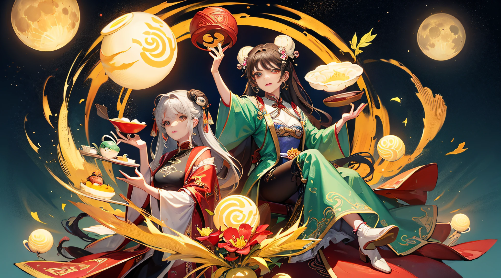 "[Moon], [Beautifully Shaped Mooncake], [Chang'e Jade Rabbit], [Mid-Autumn Festival], [Chinese-style Architecture]." --auto