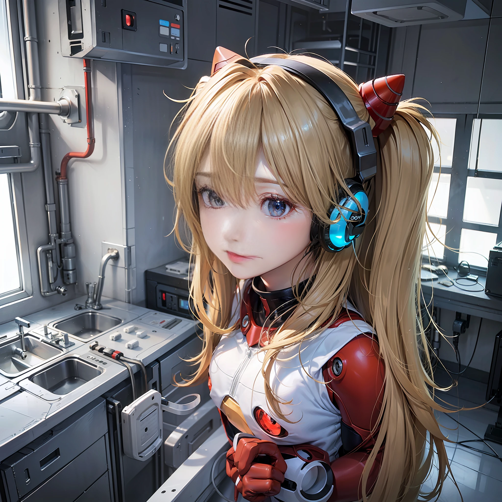(Overhead view),dynamic angle,ultra-detailed, illustration, close-up, straight on, 1girl, 
 ((souryuu asuka langley, interface headset, red bodysuit:1.4, blonde)),Her eyes shone like dreamy stars,(glowing eyes:1.233),(beautiful and detailed eyes:1.1),(expressionless,closed mouth),(standing), 
(mechanic room with toolsand spaceship windowin a white SPACESHIP),
(night:1.2),dreamy, [[delicate fingers and hands:0.55]::0.85],(detail fingers),