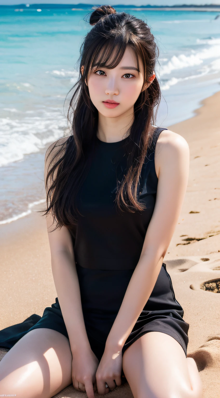 best quality, masterpiece, masterpiece,best quality,official art,extremely detailed CG unity 8k wallpaper, day, on the beach, realistic, photo, girl, long hair, black hair, curly_hair, hair bun, light blush, black kneehighs,